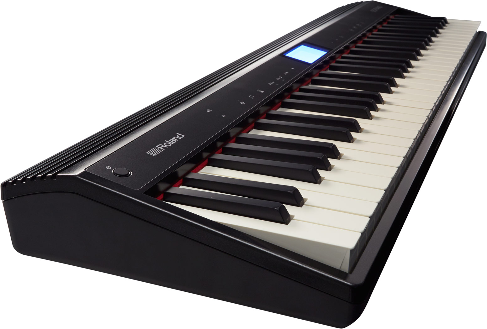 Un piano numérique noir avec des touches blanches et noires et un écran LCD bleu.