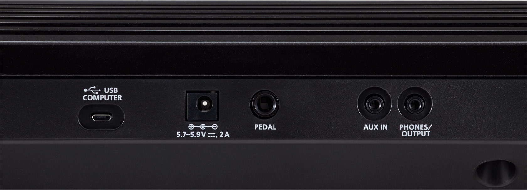 Connectique: USB, Alimentation, Pédale, Aux In, Casque/Sortie.