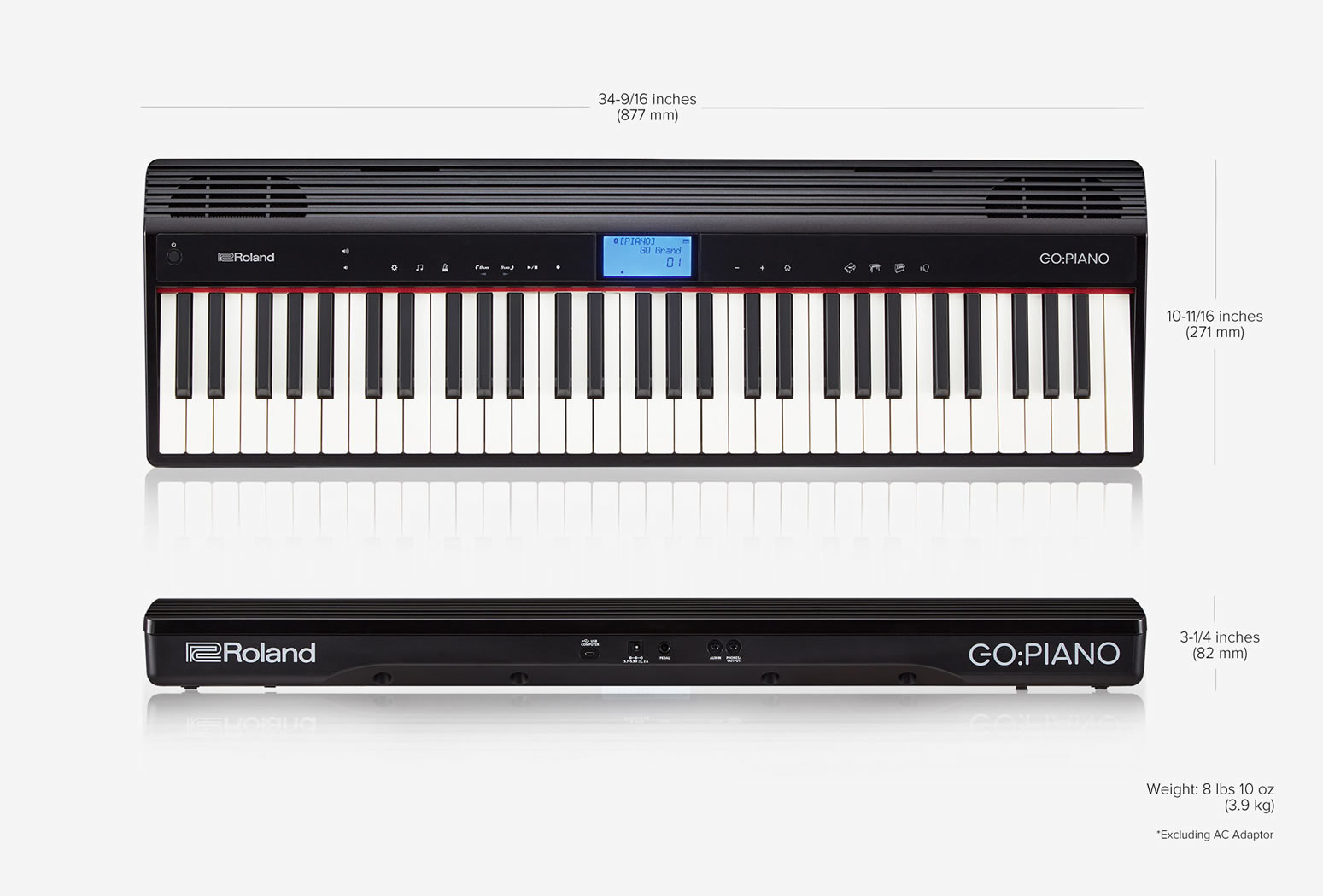 Roland GO:PIANO noir à 61 touches, écran et ports. Dimensions indiquées.