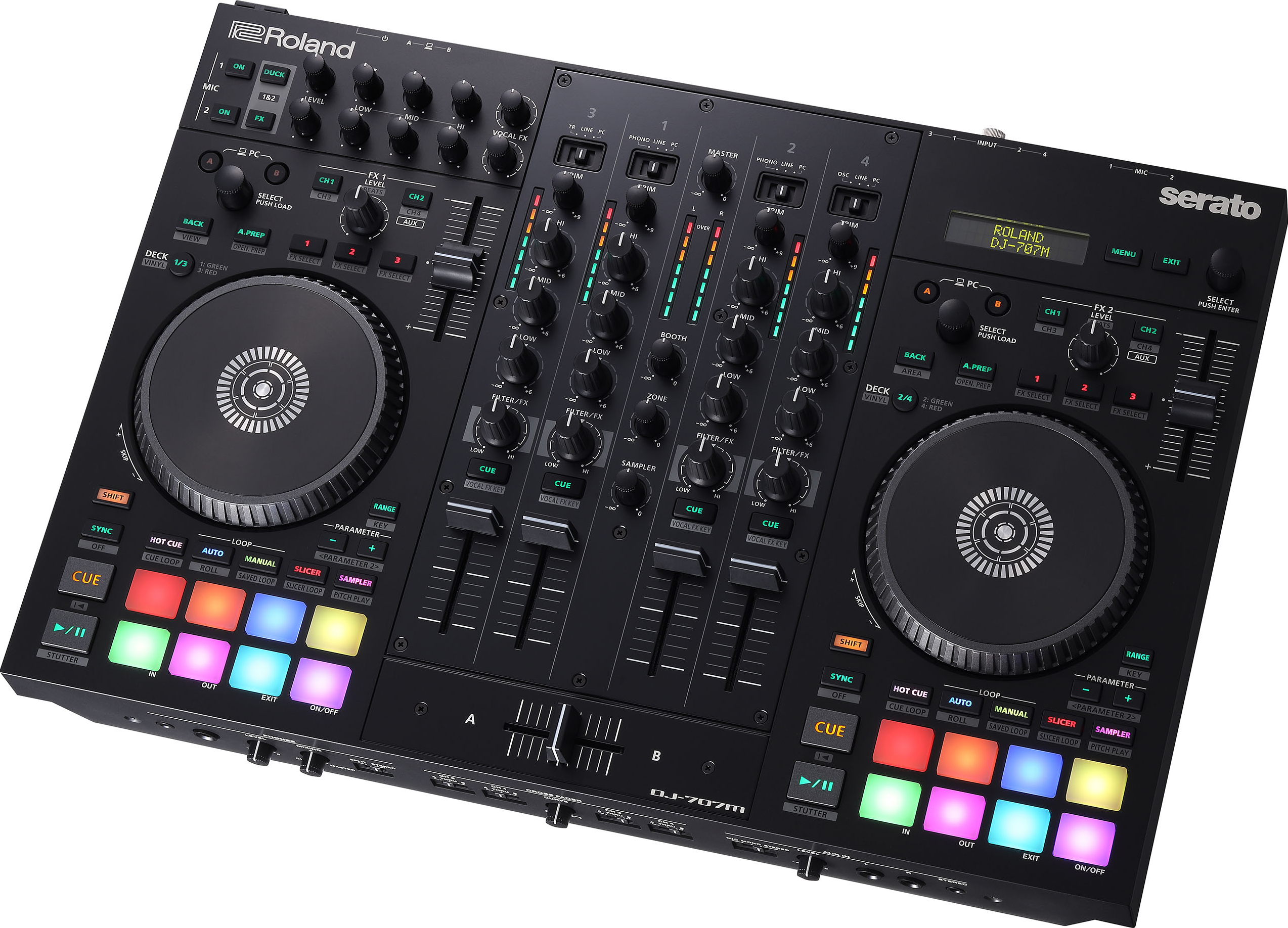 Ein schwarzer Roland DJ-707M DJ-Controller mit Jogwheels, Pads und Reglern.