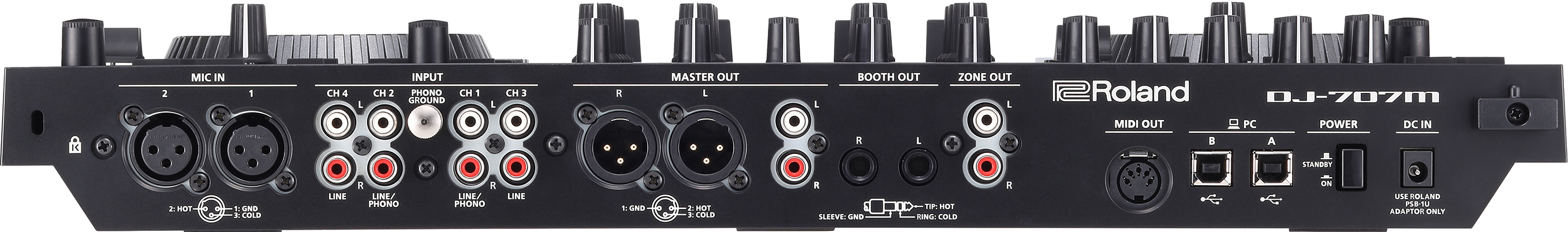 Rückseite eines schwarzen DJ-Controllers mit Anschlüssen und Knöpfen.
