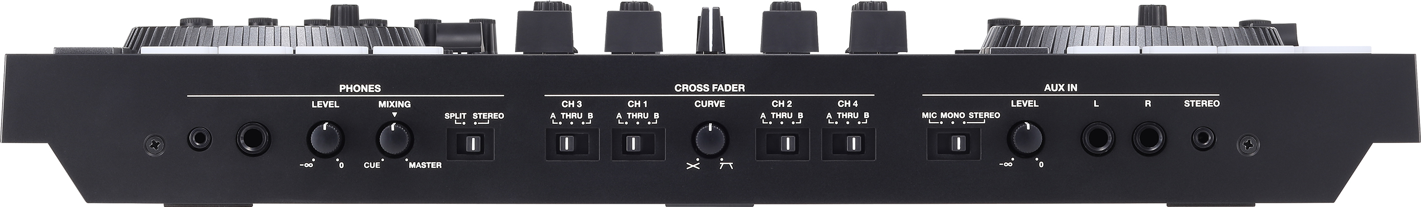 Rückansicht eines schwarzen DJ-Controllers mit Anschlüssen und Reglern.