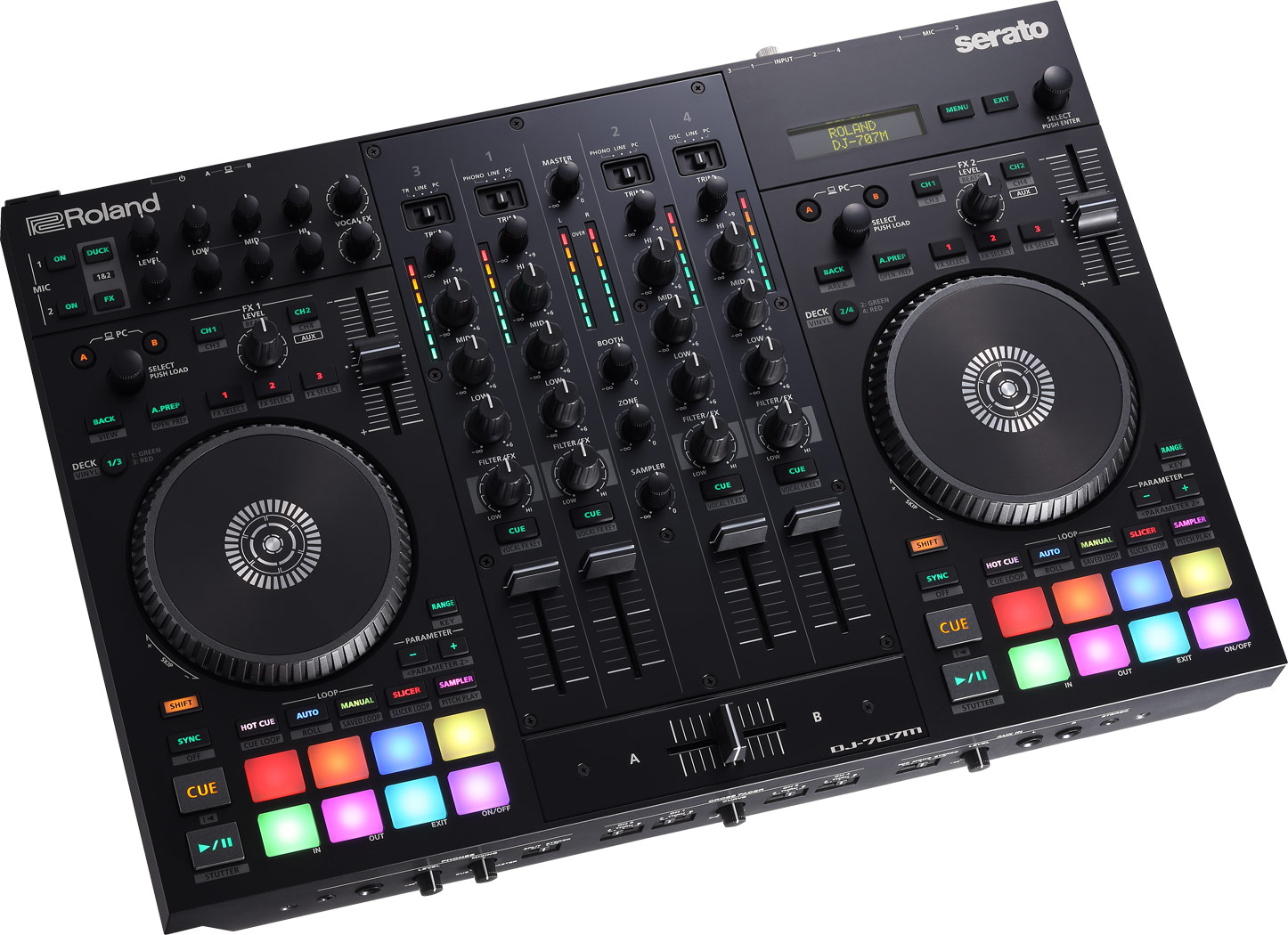 Ein schwarzer Roland DJ-707M DJ-Controller mit Jog-Rädern, Mischern und farbigen Pads.