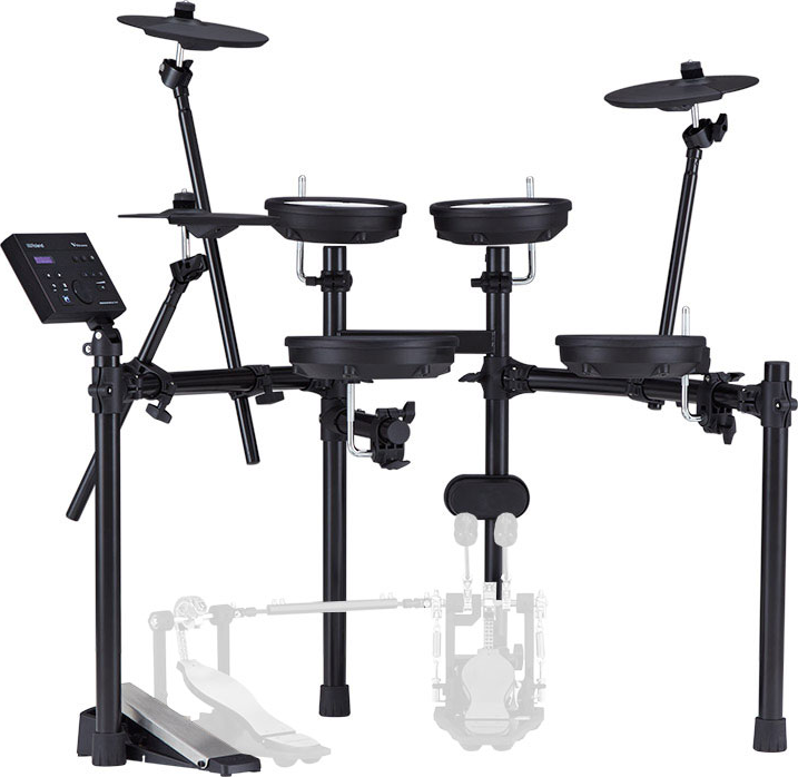 Un kit de batterie électronique noir avec pads, cymbales et module de commande.