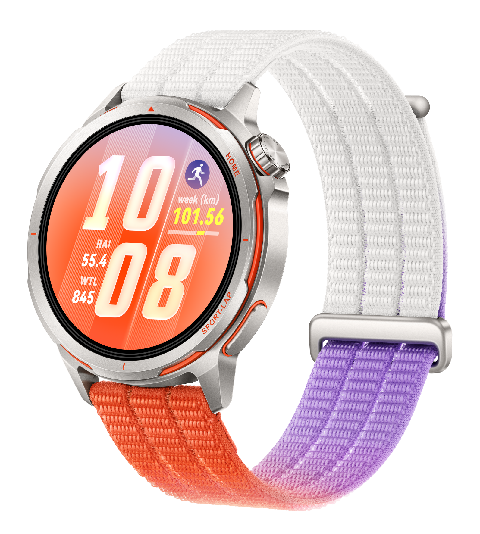 Zegarek smartwatch ze srebrną obudową i pomarańczowo-fioletową opaską.