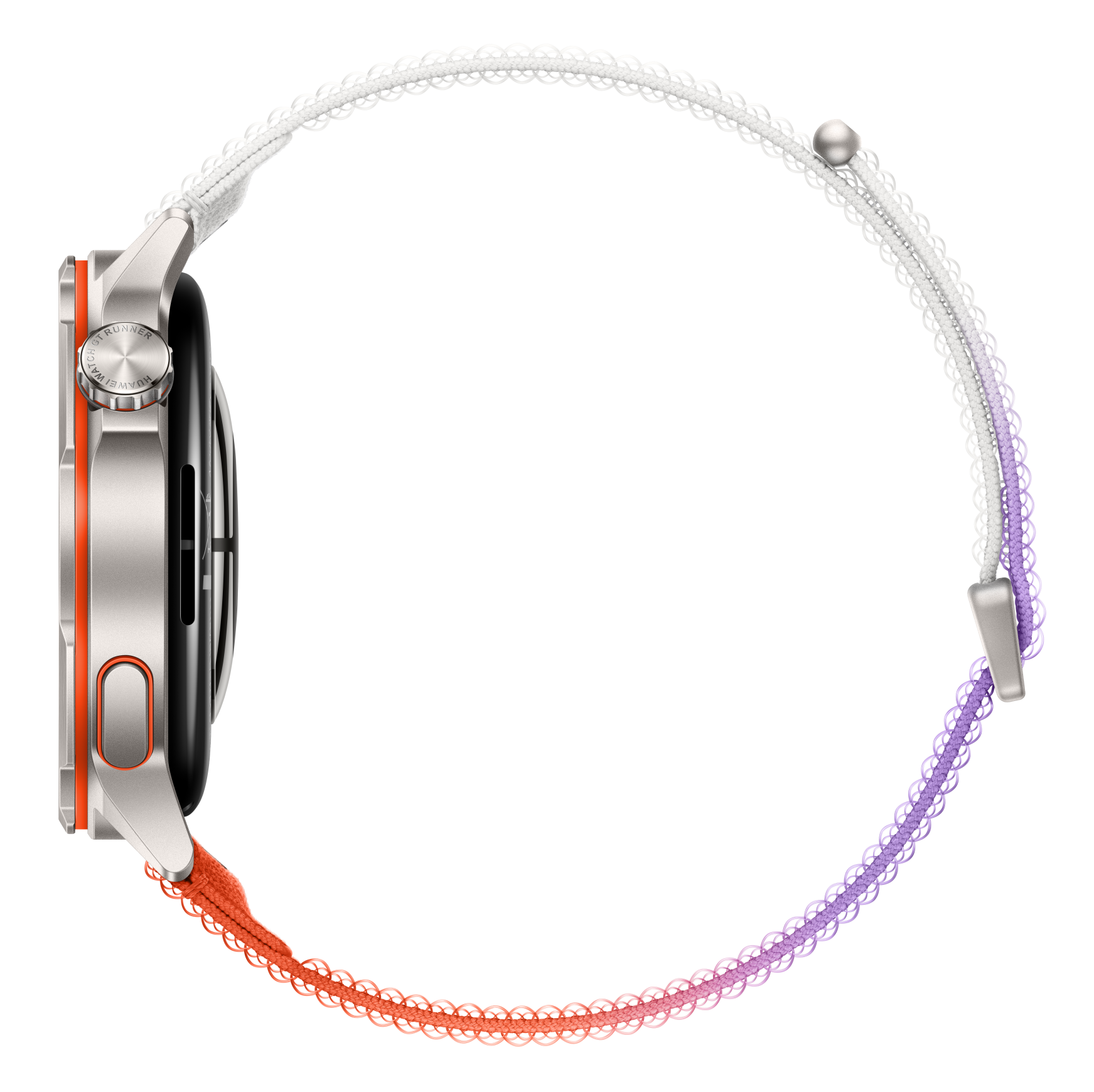 Srebrny smartwatch z pomarańczowo-fioletową bransoletą na czarnym tle.