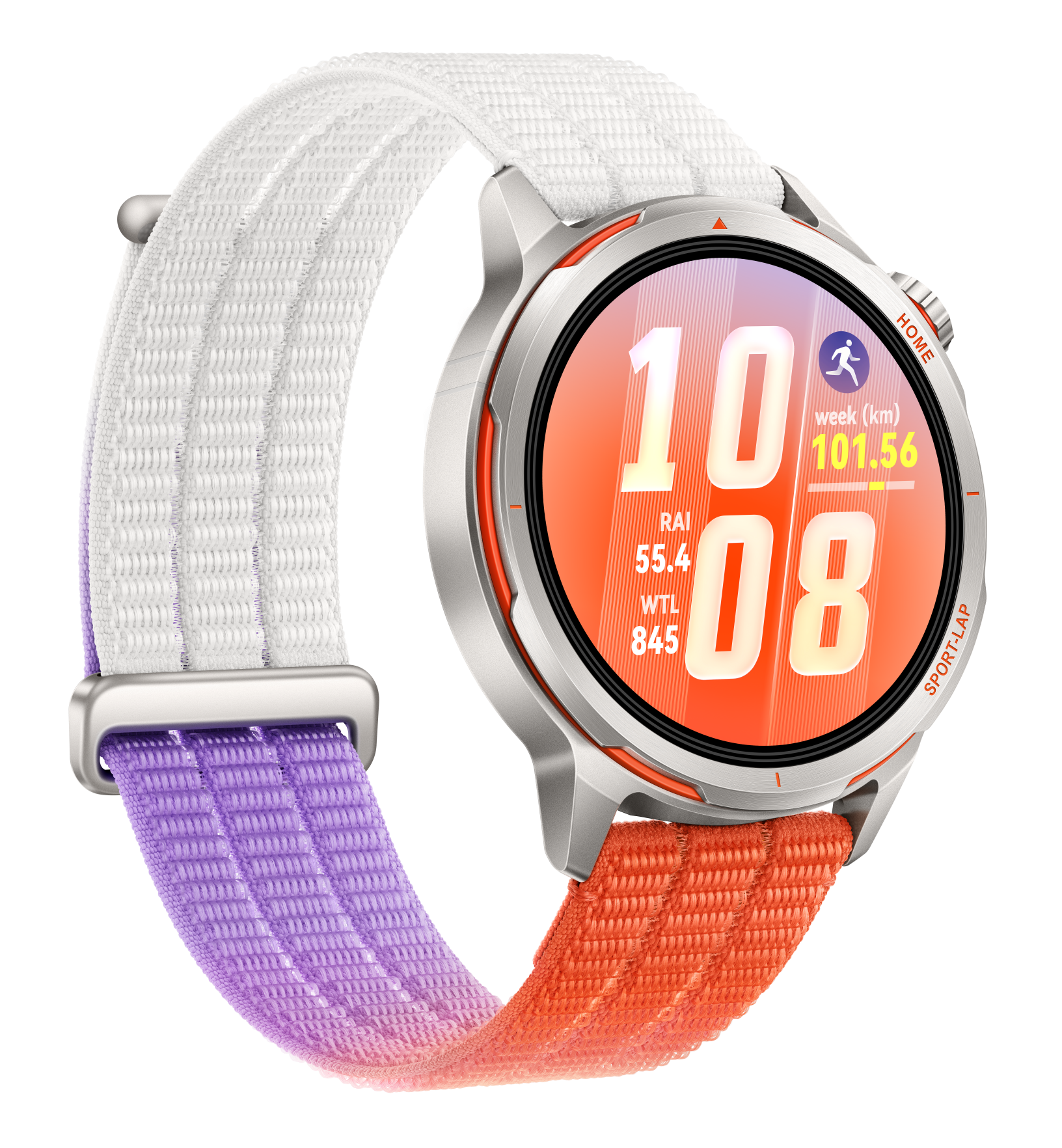 Srebrny smartwatch z kolorową bransoletą. Na tarczy zegarka jest 10:08.