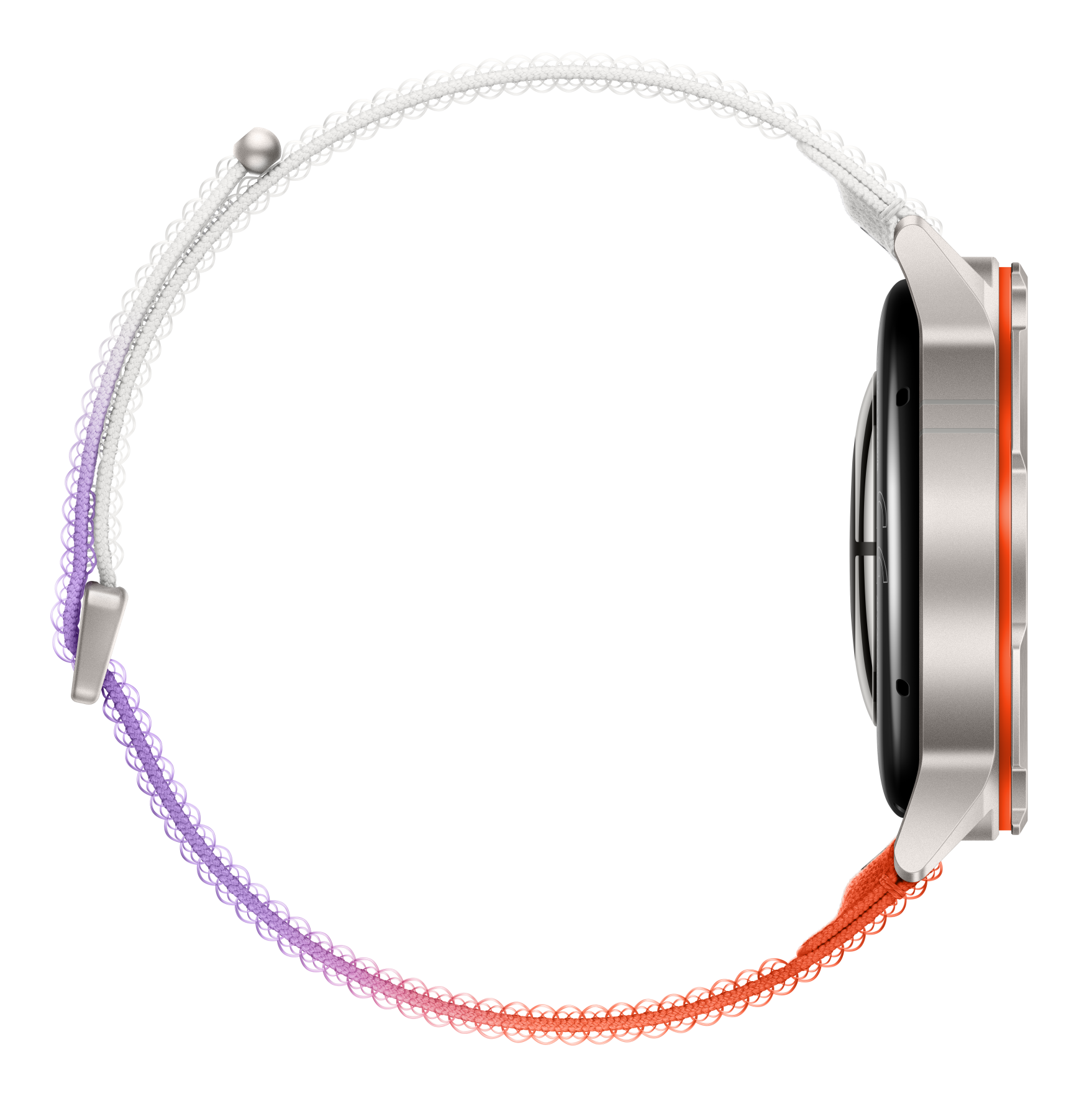 Srebrny smartwatch z paskiem przechodzącym z białego w fioletowy i pomarańczowy.