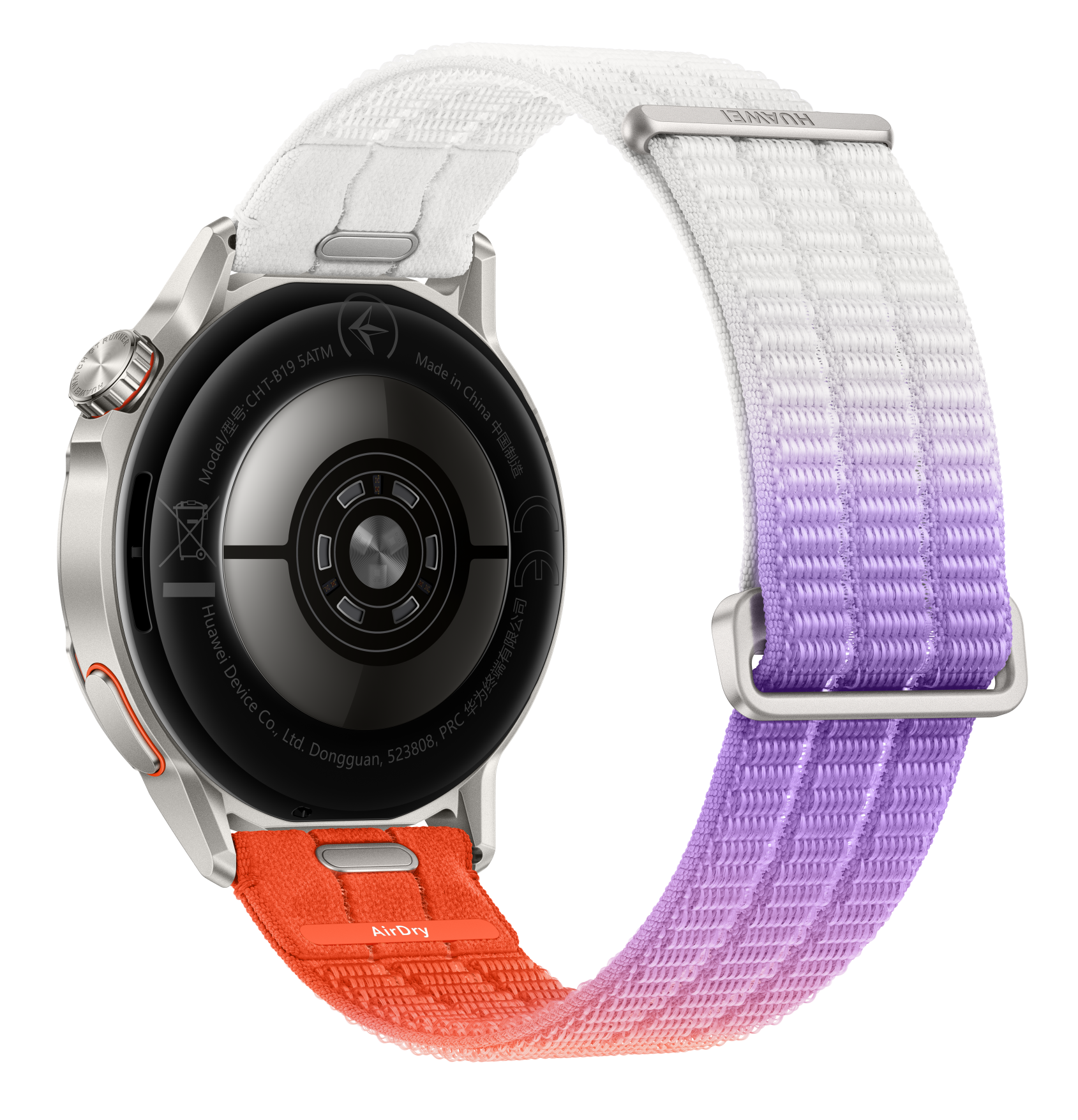 Tył srebrnego smartwatcha z paskiem w gradientach od bieli do fioletu. Napis: AirDry