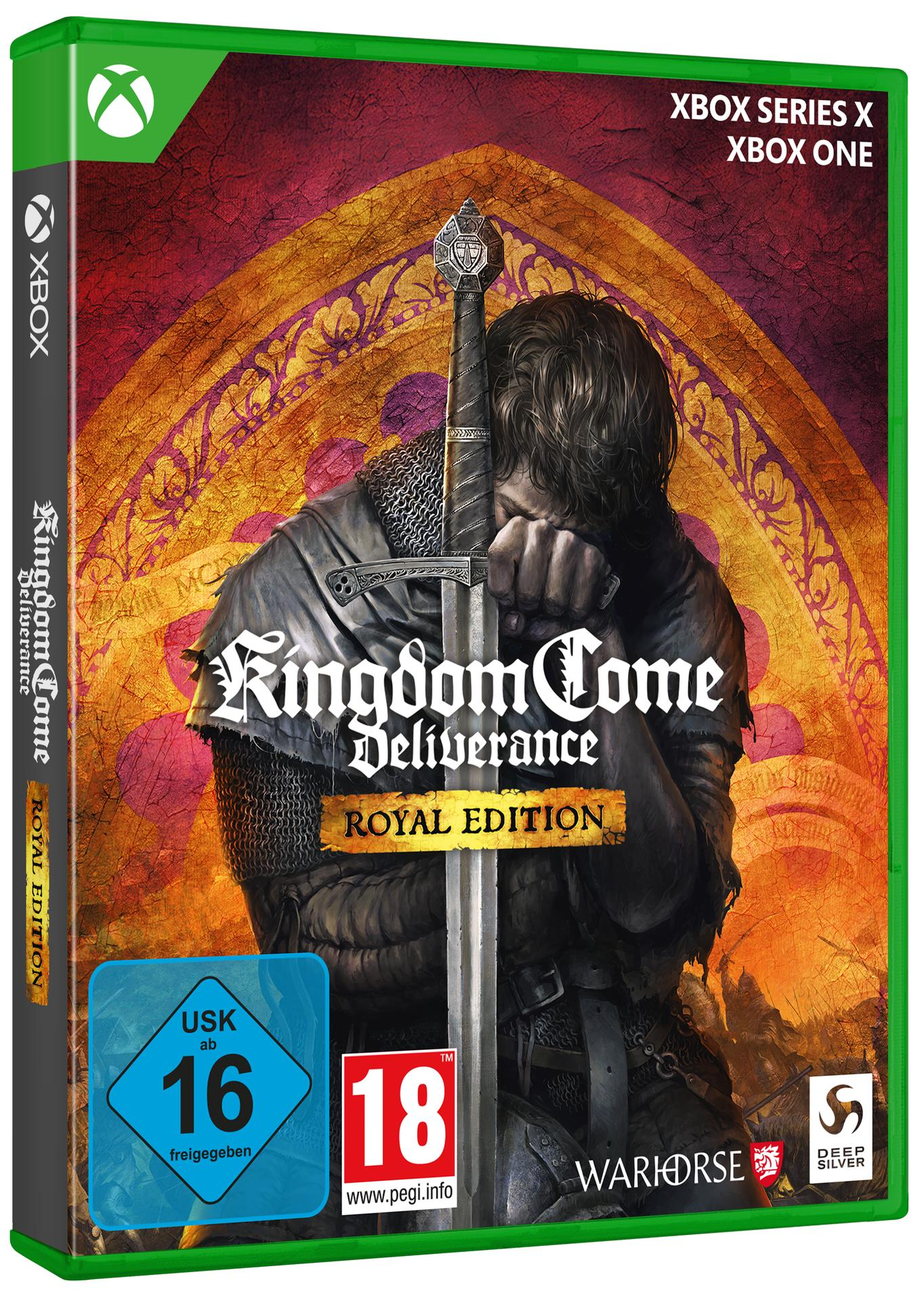 Xbox-Spielcover: Ritter lehnt an Schwert, "Kingdom Come: Deliverance" Royal Edition.