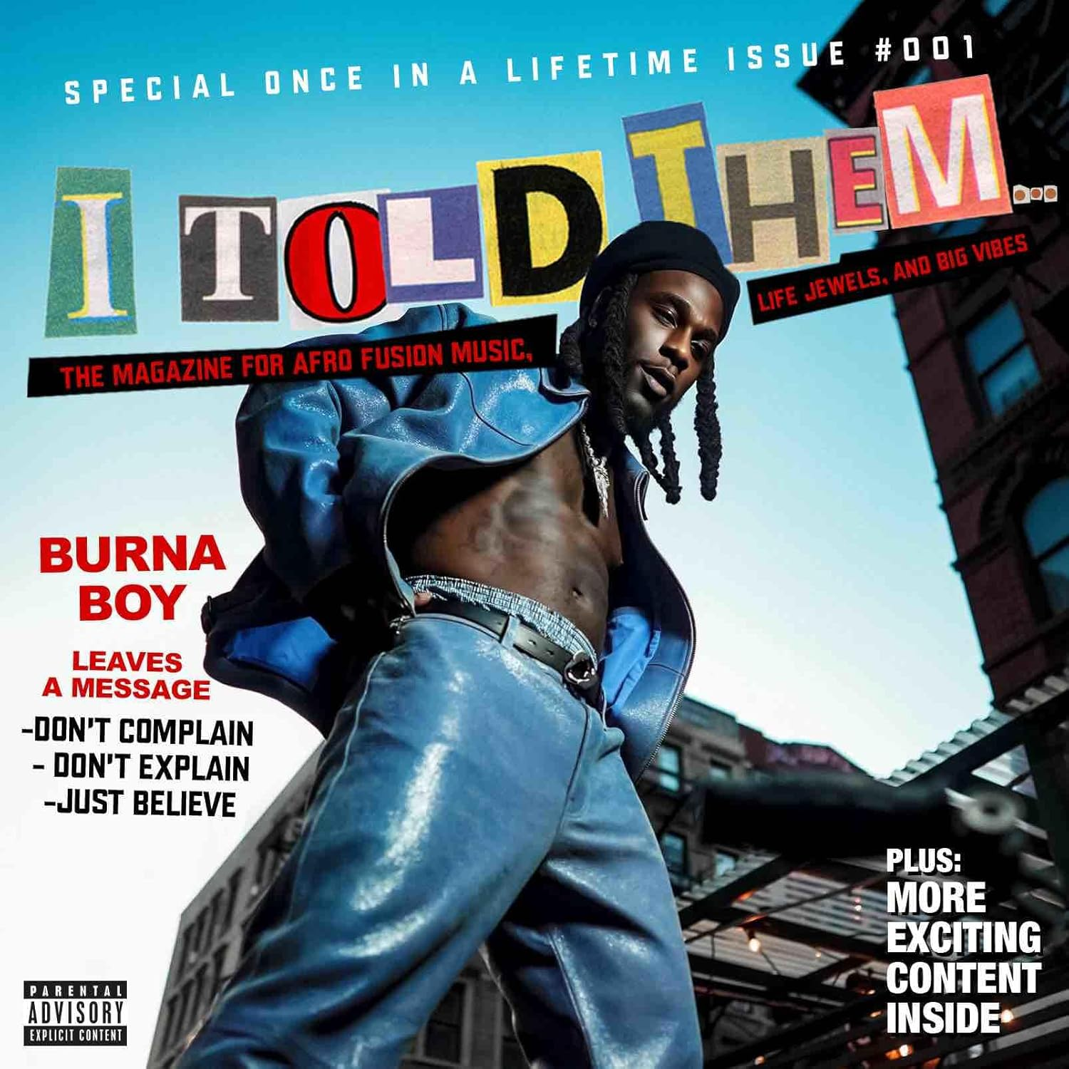 Burna Boy az "I Told Them" magazin címlapján, kék ruhát visel.