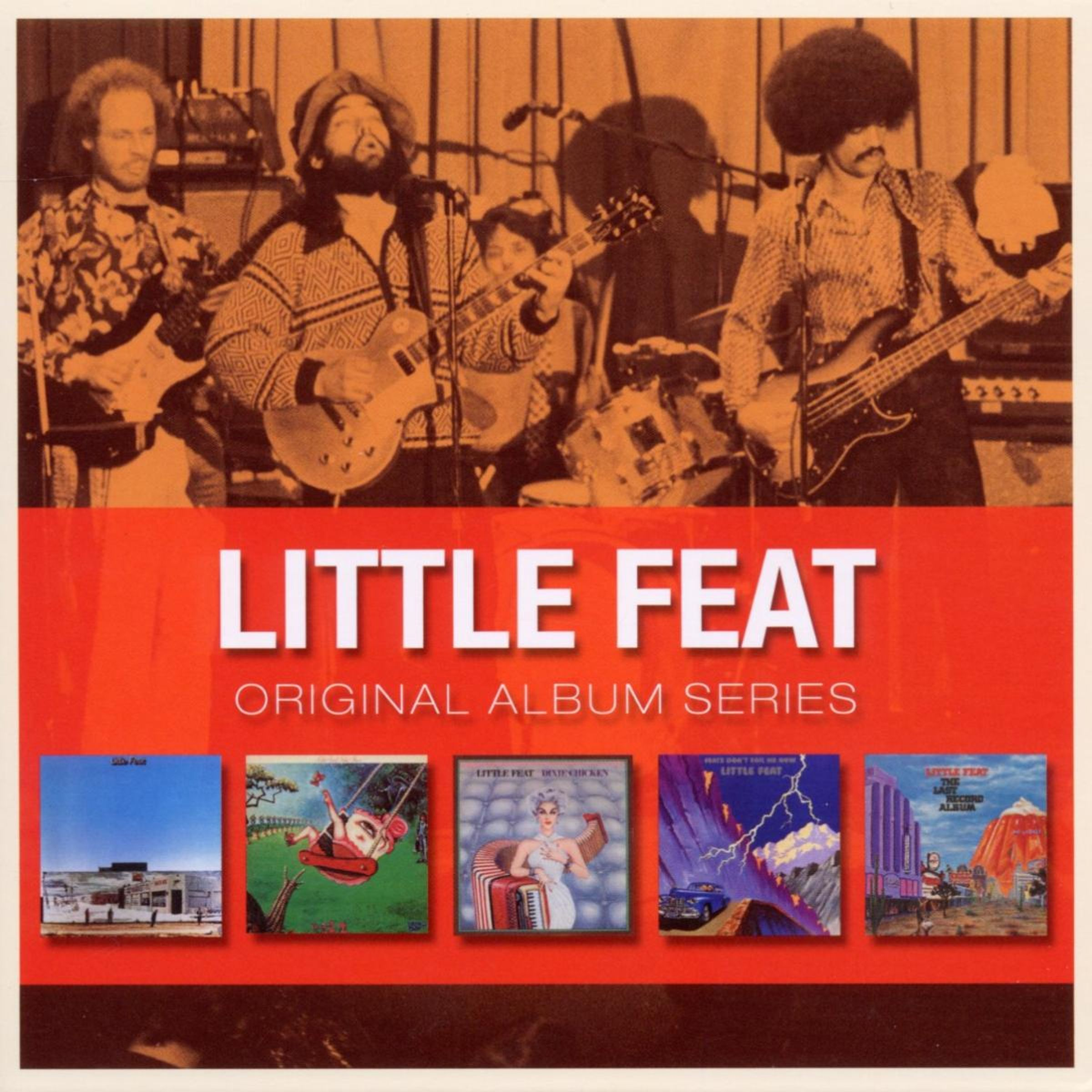 Little Feat zenekari tagok gitároznak és basszusoznak. Albumok borítói lent.