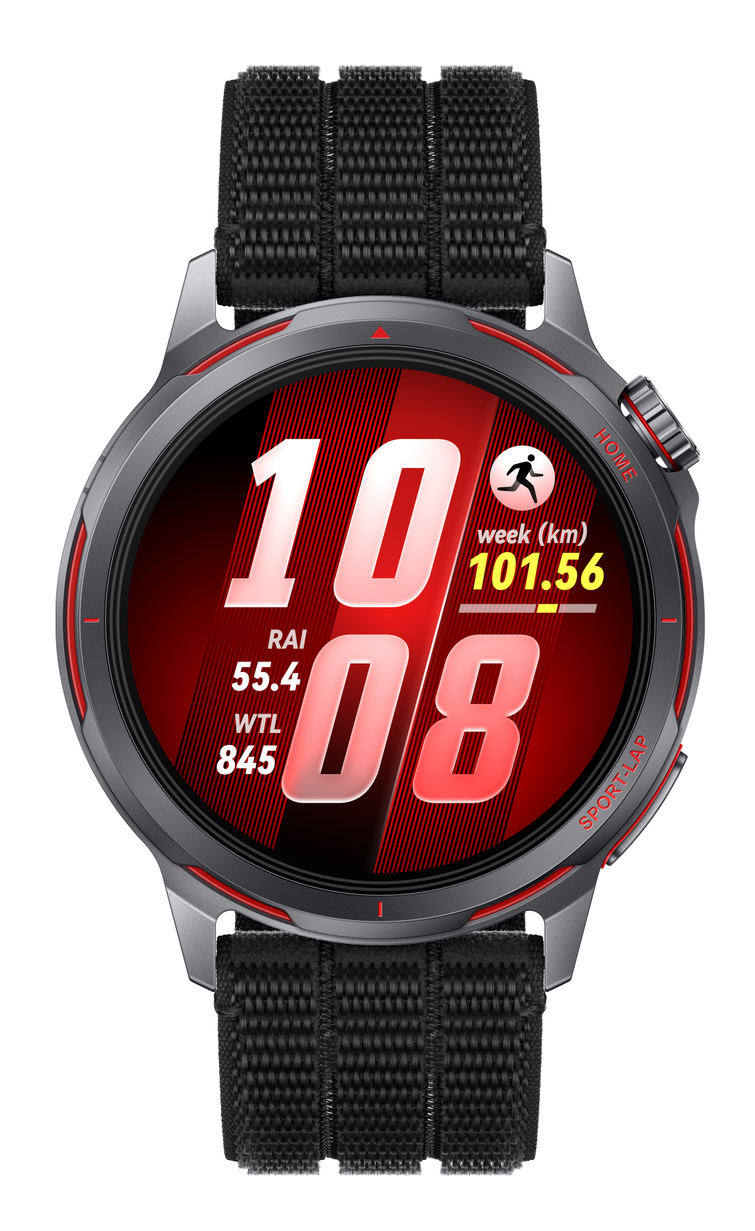 Smartwatch z czerwonym cyferblatem pokazuje 10:08 i statystyki biegu.