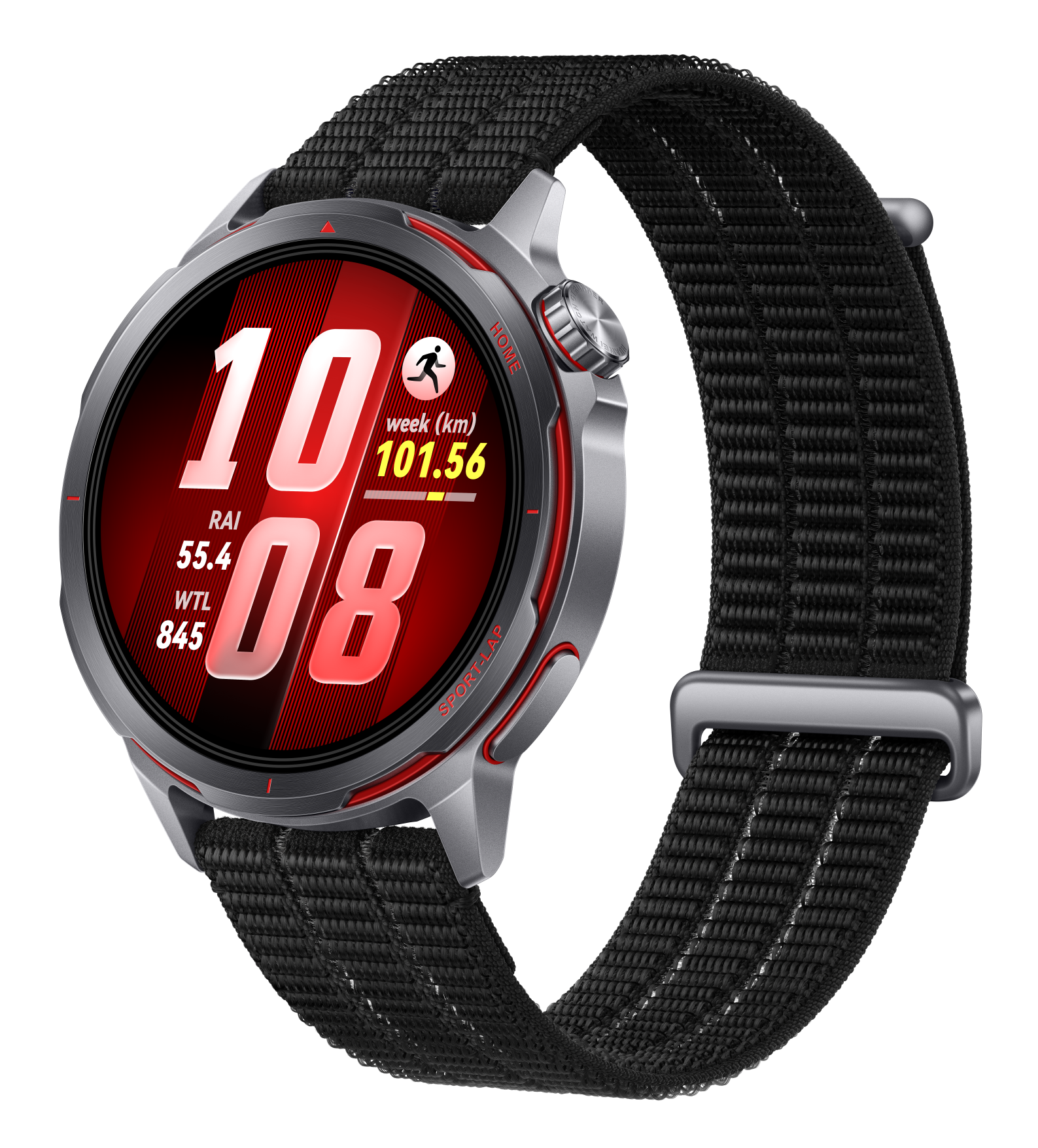 Szary smartwatch z czarnym paskiem, pokazuje 10:08 i statystyki.