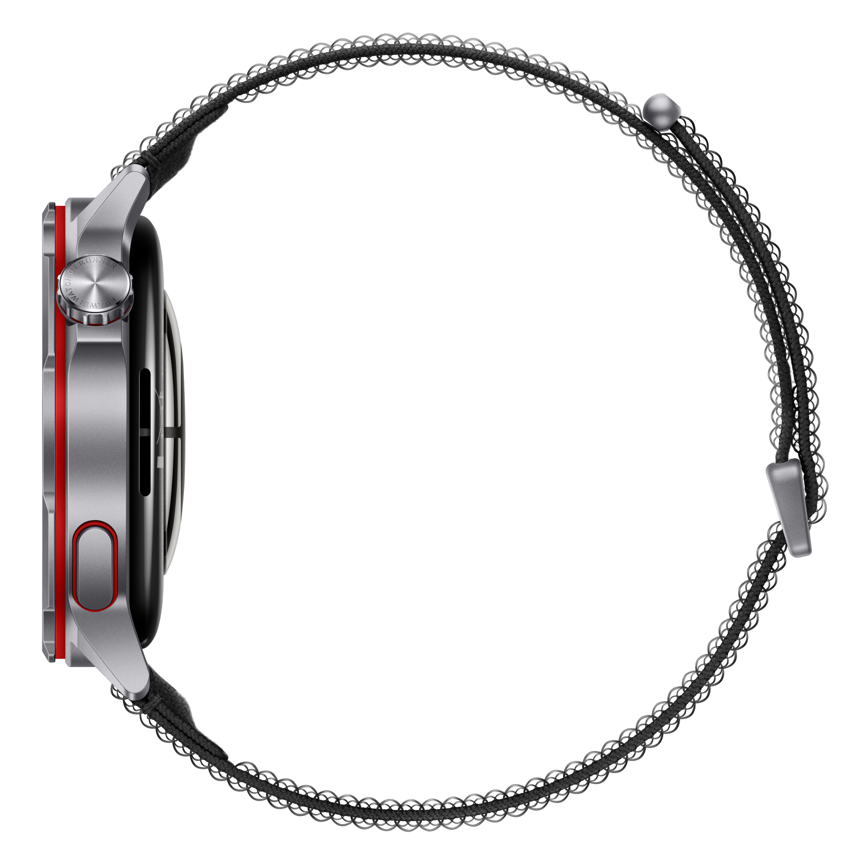 Srebrny smartwatch z czerwonym akcentem i czarną bransoletą na czarnym tle.