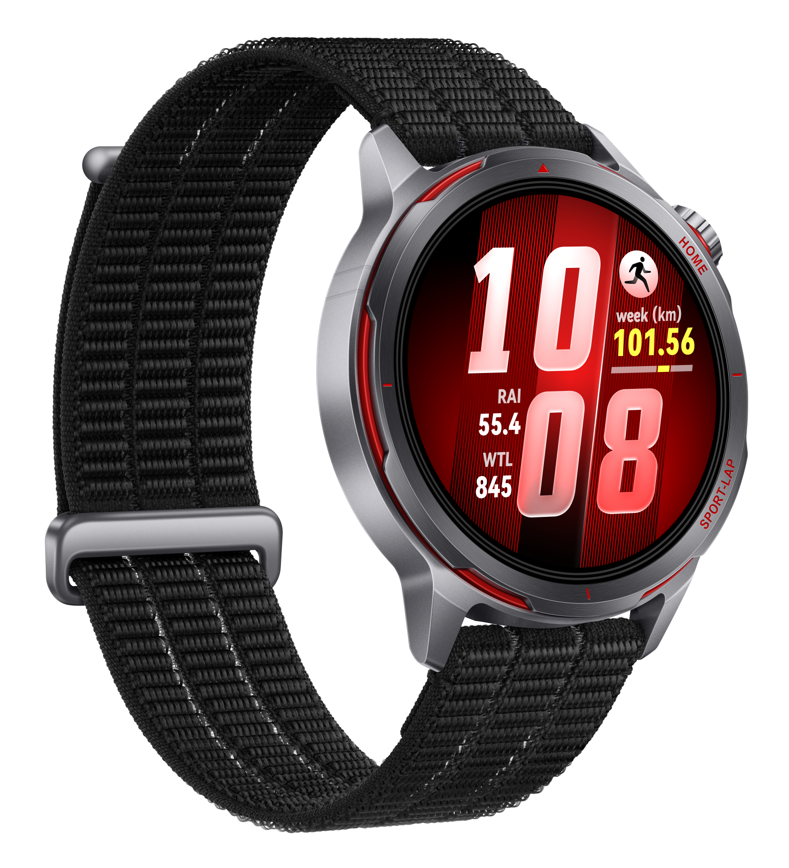 Smartwatch z czarnym paskiem materiałowym pokazuje 10:08, dystans 101,56 km.