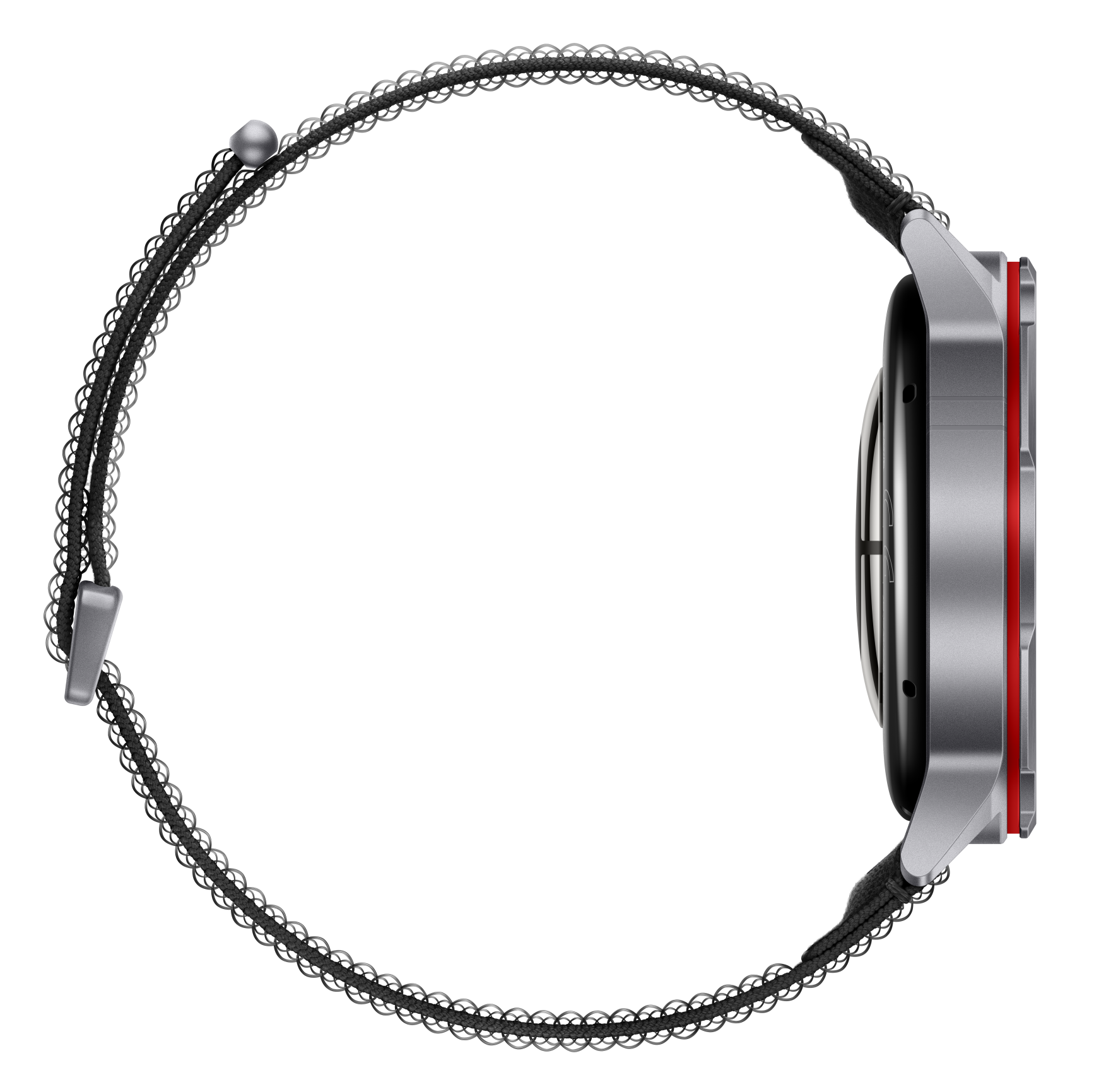 Srebrna koperta smartwatch z czerwonym akcentem i czarnym paskiem.