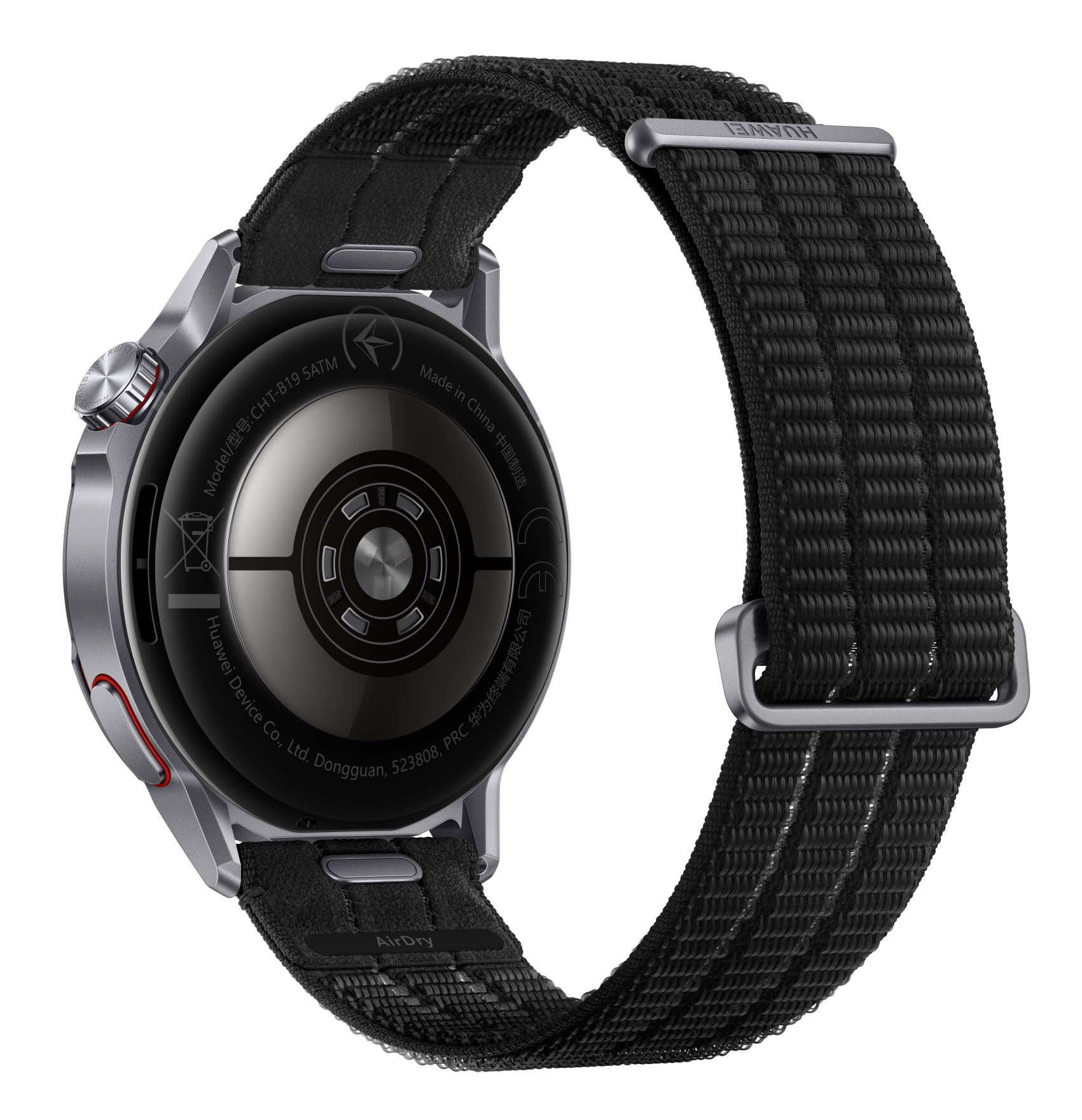 Tył szarego smartwatcha z czarną tkaninową bransoletą na czarnym tle.