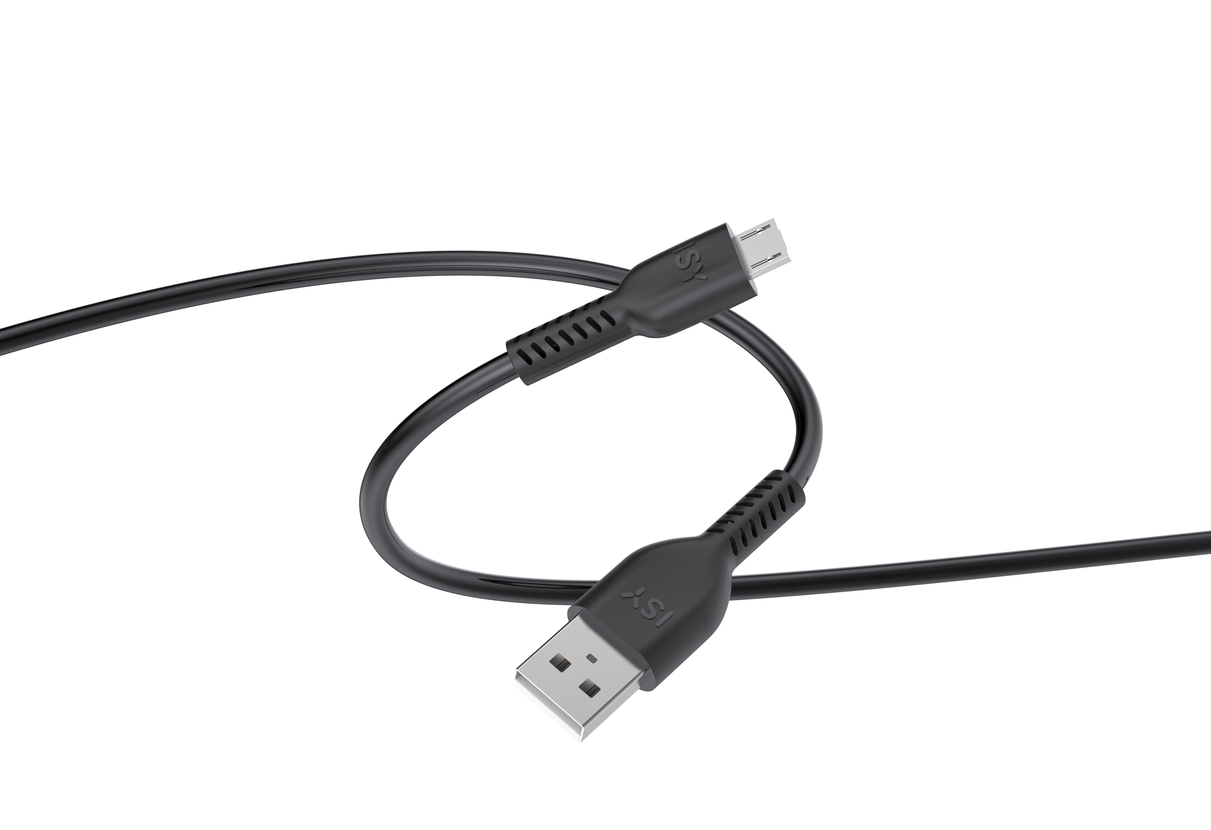 Ein schwarzes USB-Kabel mit Micro-USB- und USB-A-Steckern auf schwarzem Hintergrund.
