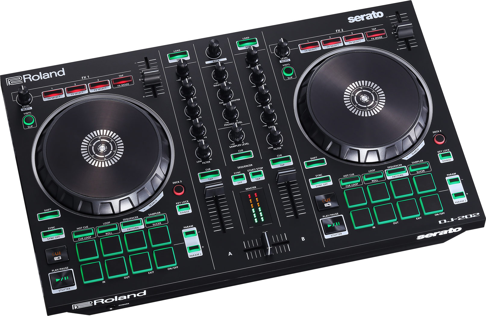 Schwarzer Roland DJ-202 DJ-Controller mit zwei Jogwheels, Pads und Reglern.