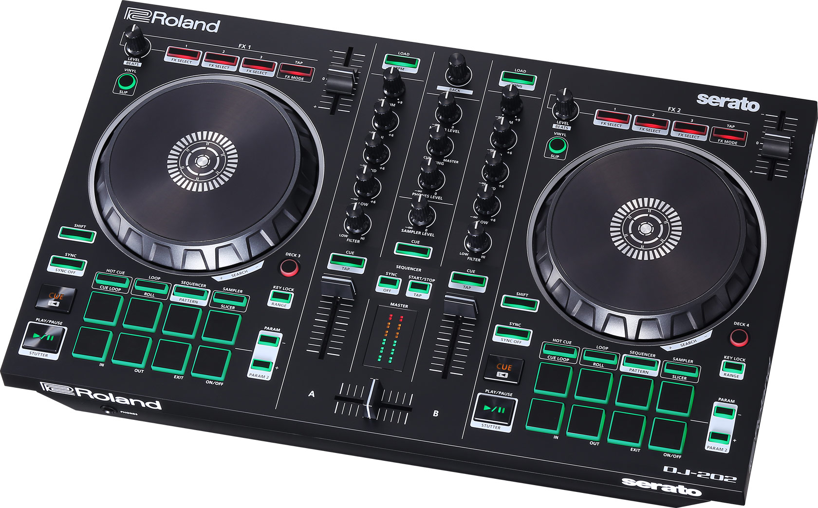 Schwarzer DJ-Controller mit zwei Jogwheels, grünen Pads und Drehreglern.