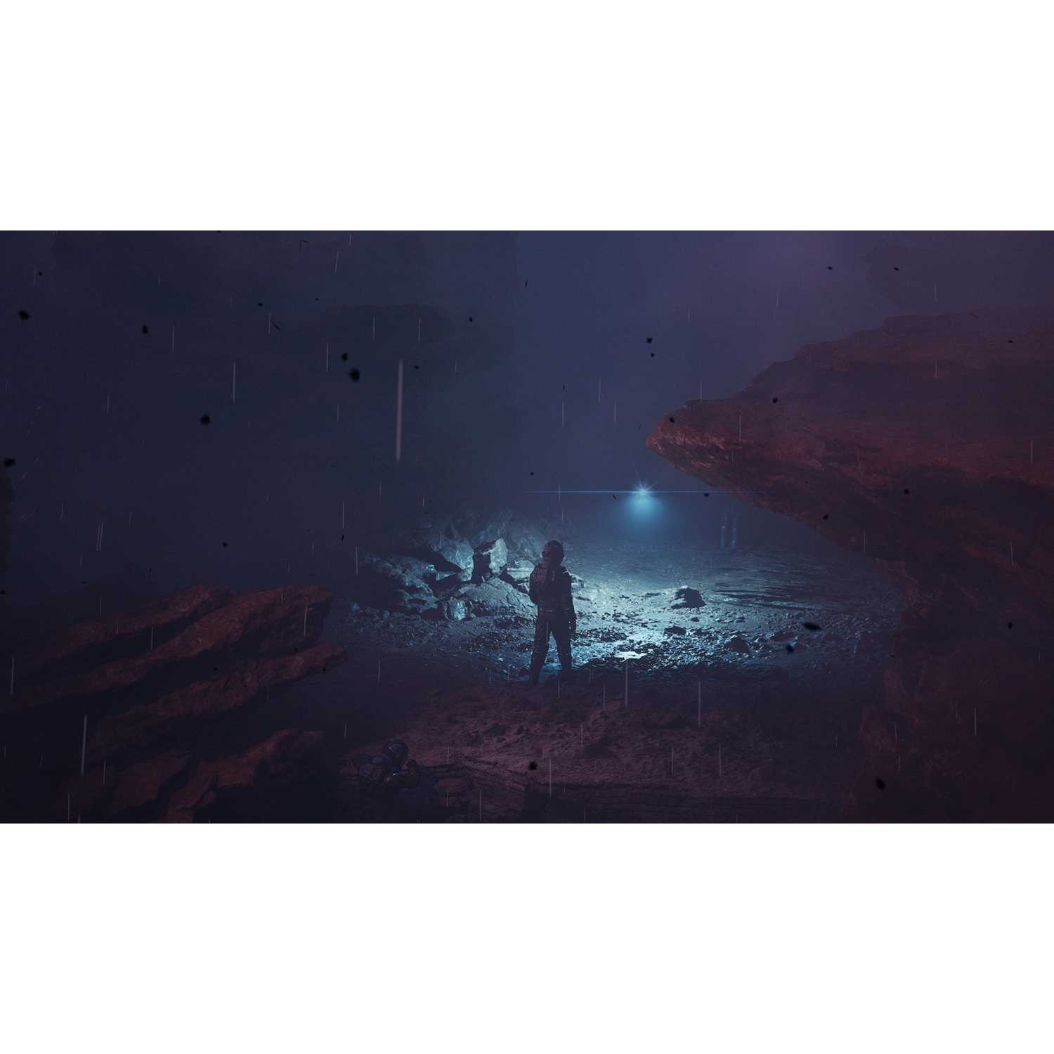 An astronaut stands in a dark cave, illuminated by a flashlight.