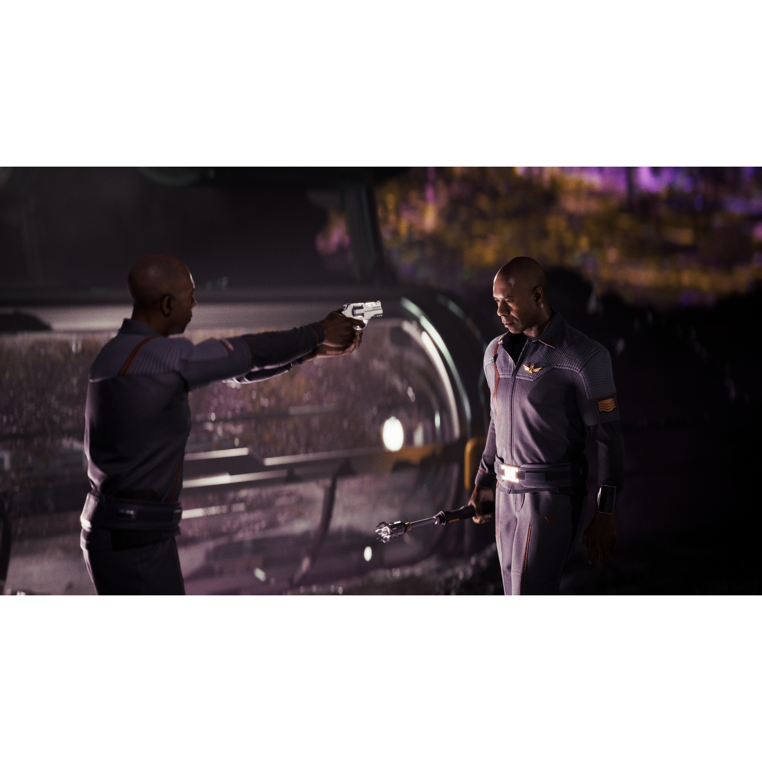 One man aims a gun at another man holding a weapon.