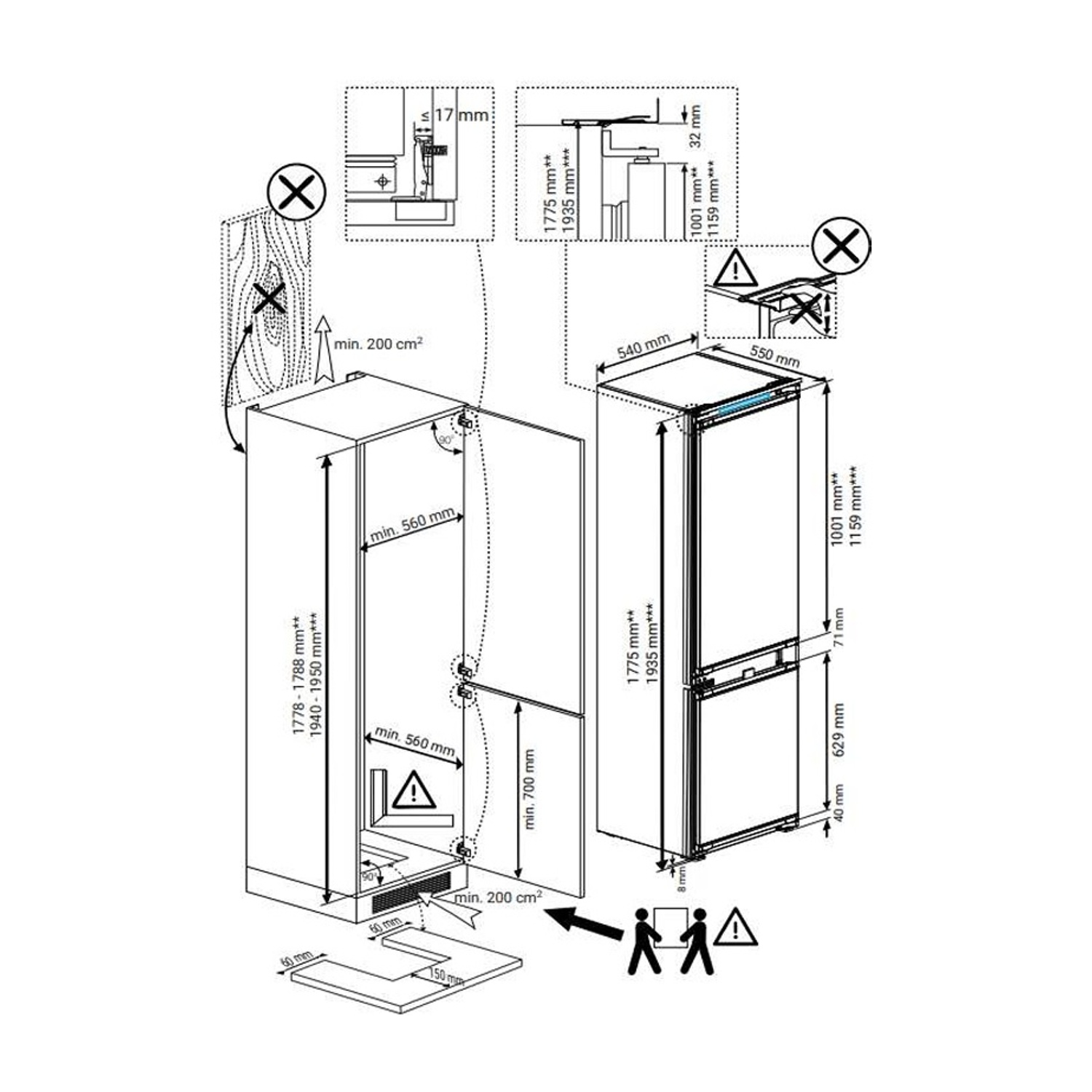 Disegno tecnico di un frigorifero con dimensioni e linee guida per l'installazione.