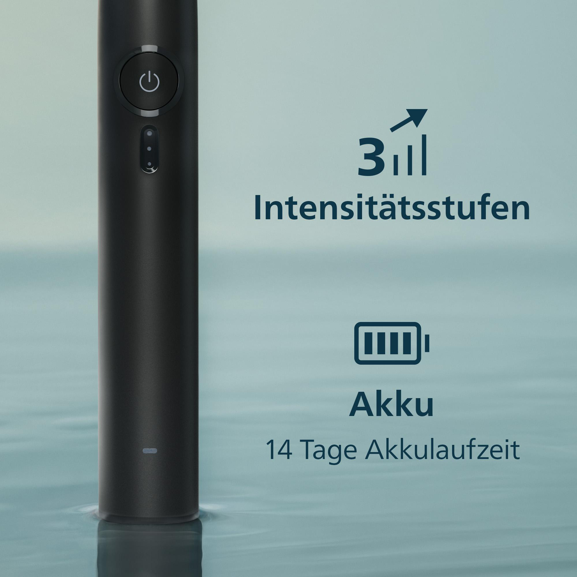 Schwarzer Zahnbürstenkopf mit drei Intensitätsstufen und Akku-Anzeige.