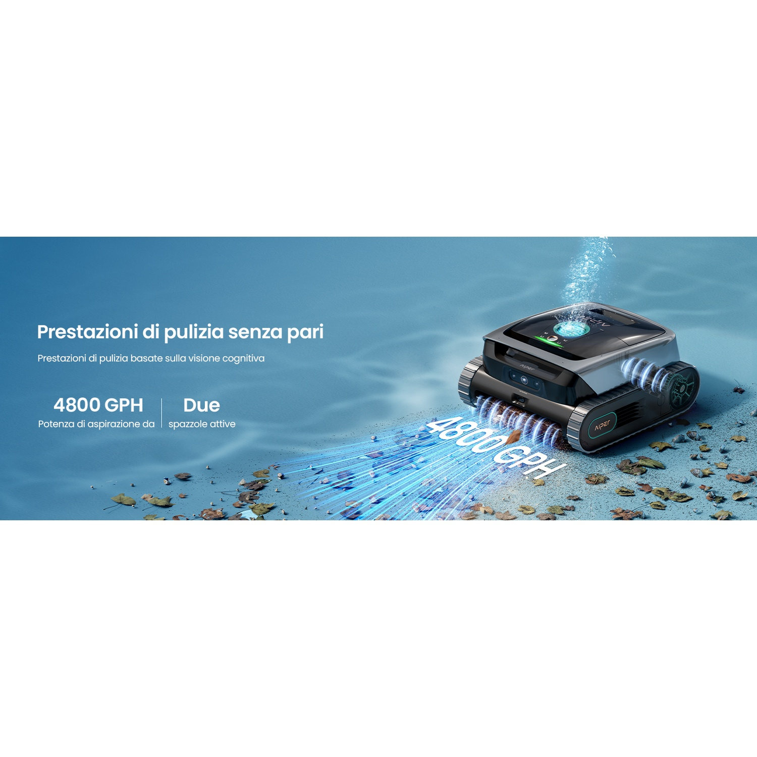 Un robot pulitore piscina pulisce il fondo con foglie, generando 4800 GPH.