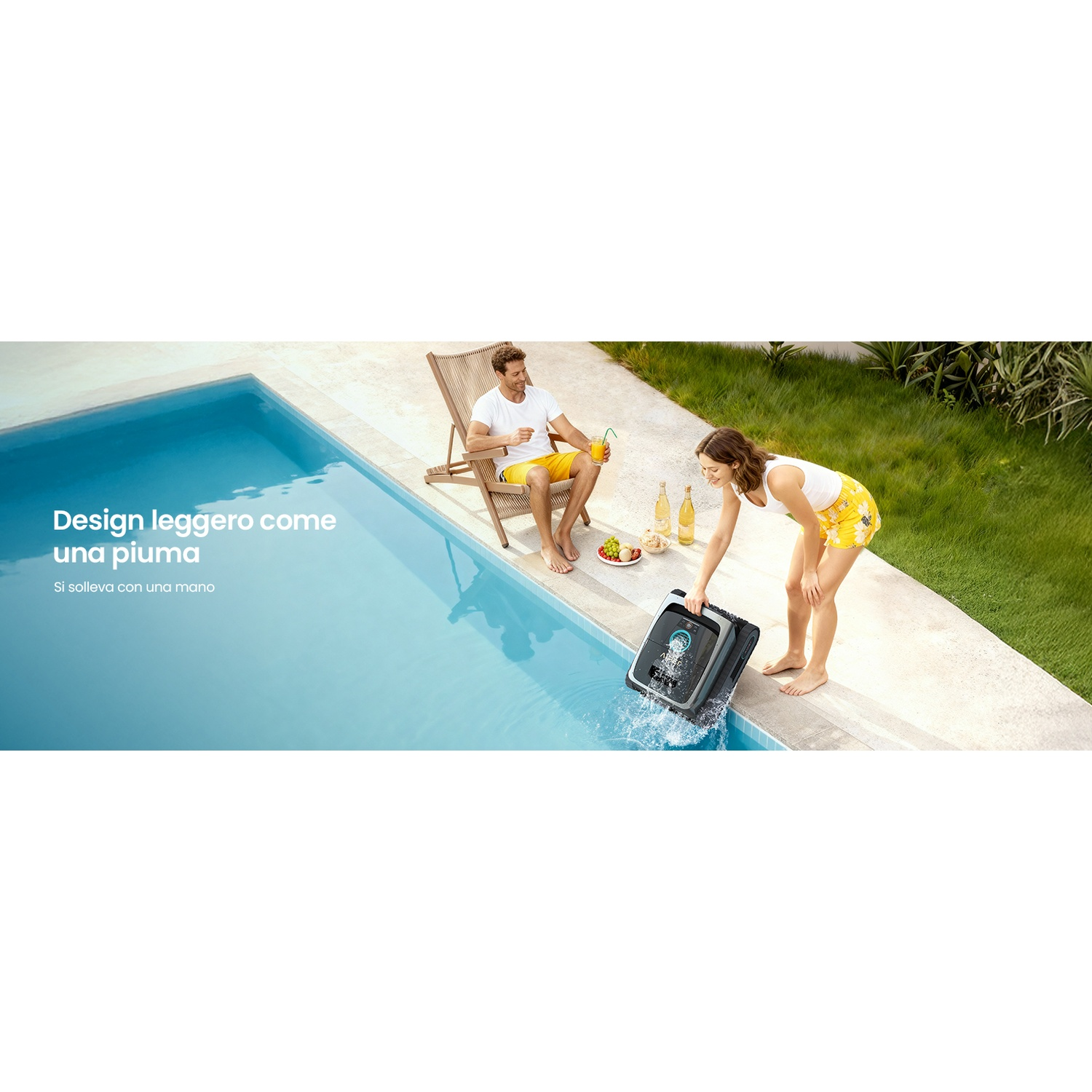 Un uomo seduto a bordo piscina, una donna mette un robot pulitore.