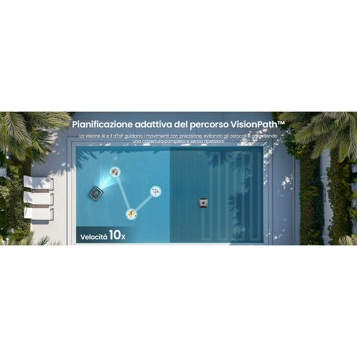 Un robot pulitore con navigazione AI in una piscina circondata da piante.