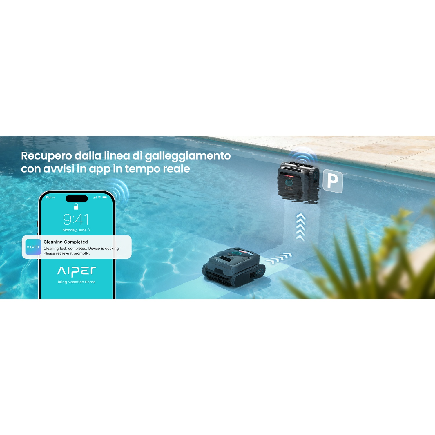 Un robot piscina galleggia nell'acqua. Un'app sul telefono mostra "Pulizia completata".
