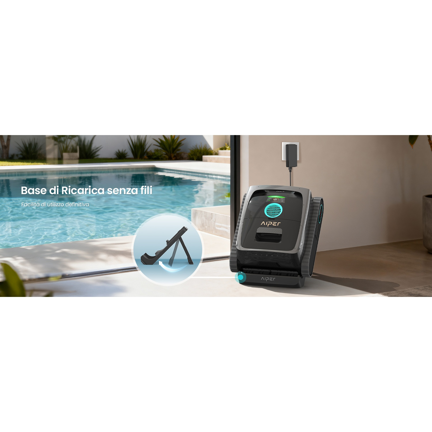 Un robot pulitore si carica in una stazione vicino a una piscina. Un'icona mostra la funzione.