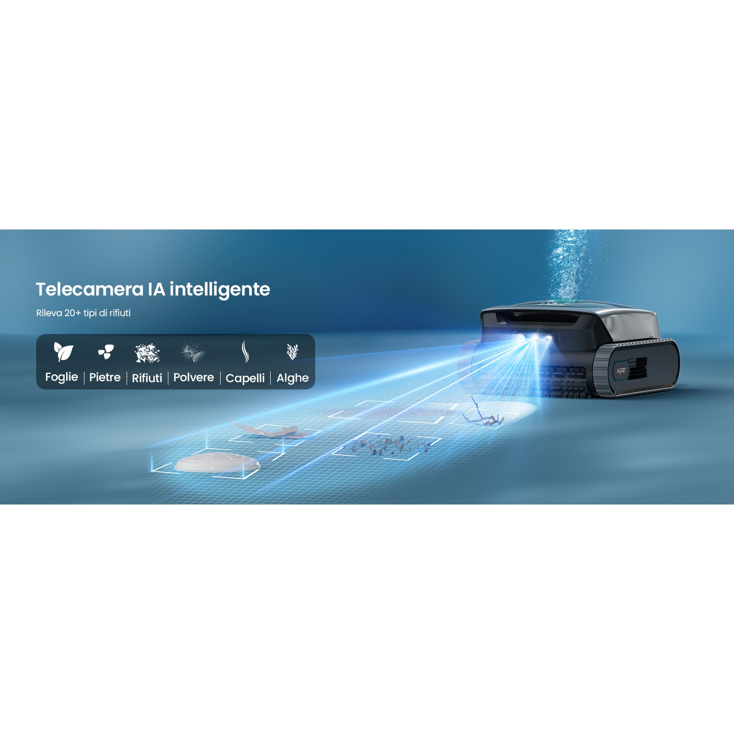 Un robot intelligente scansiona il terreno, identificando foglie, pietre, detriti, polvere e capelli.