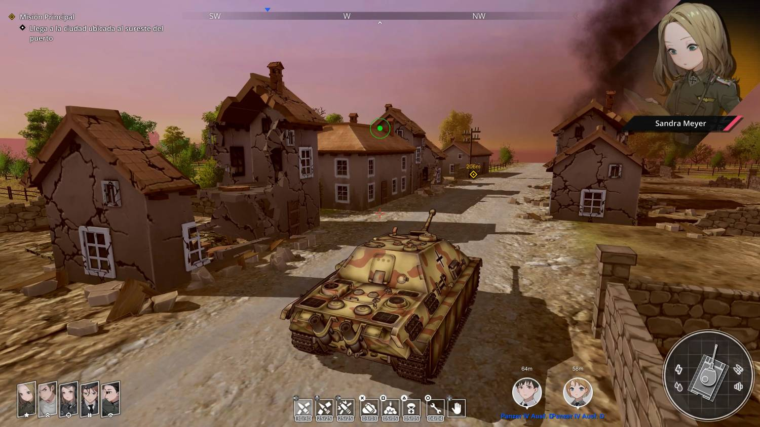 Un tanque camuflado atraviesa un pueblo destruido. Tanque en primer plano, casas destruidas al fondo.