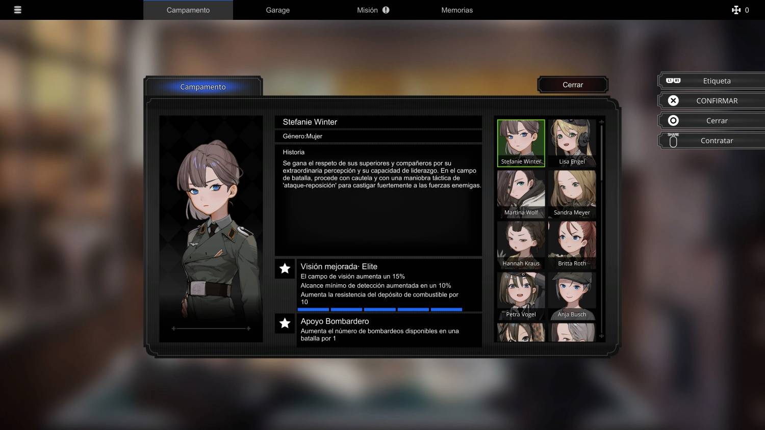 Perfil de Stefanie Winter con arte del personaje, descripción y habilidades.