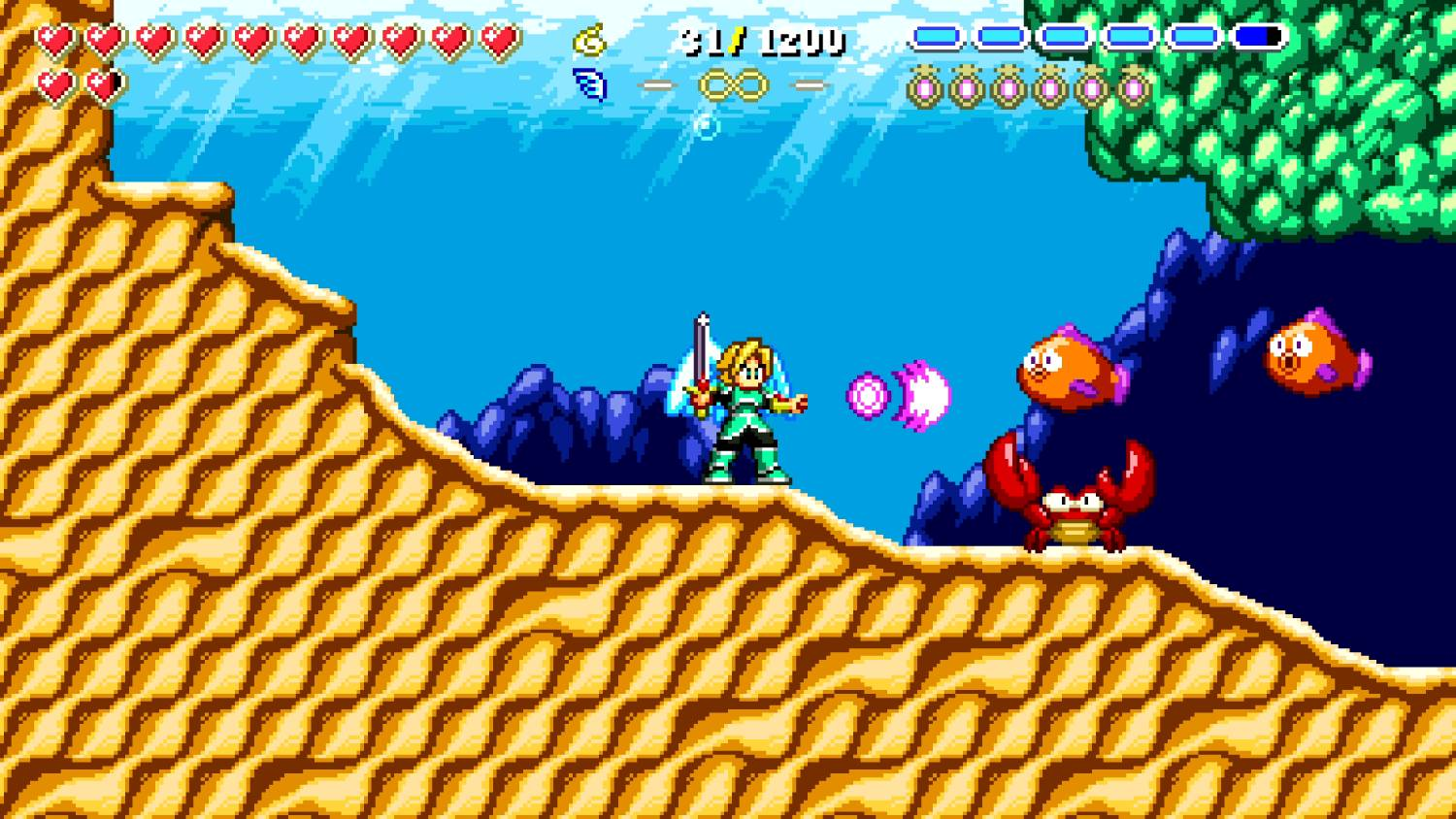 Un personaje con espada está en un acantilado, con peces y un cangrejo en el agua.