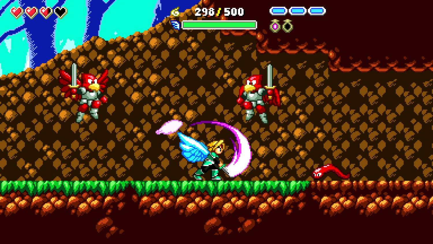 Juego de pixel art: héroe alado lucha contra caballeros pájaro en terreno marrón.