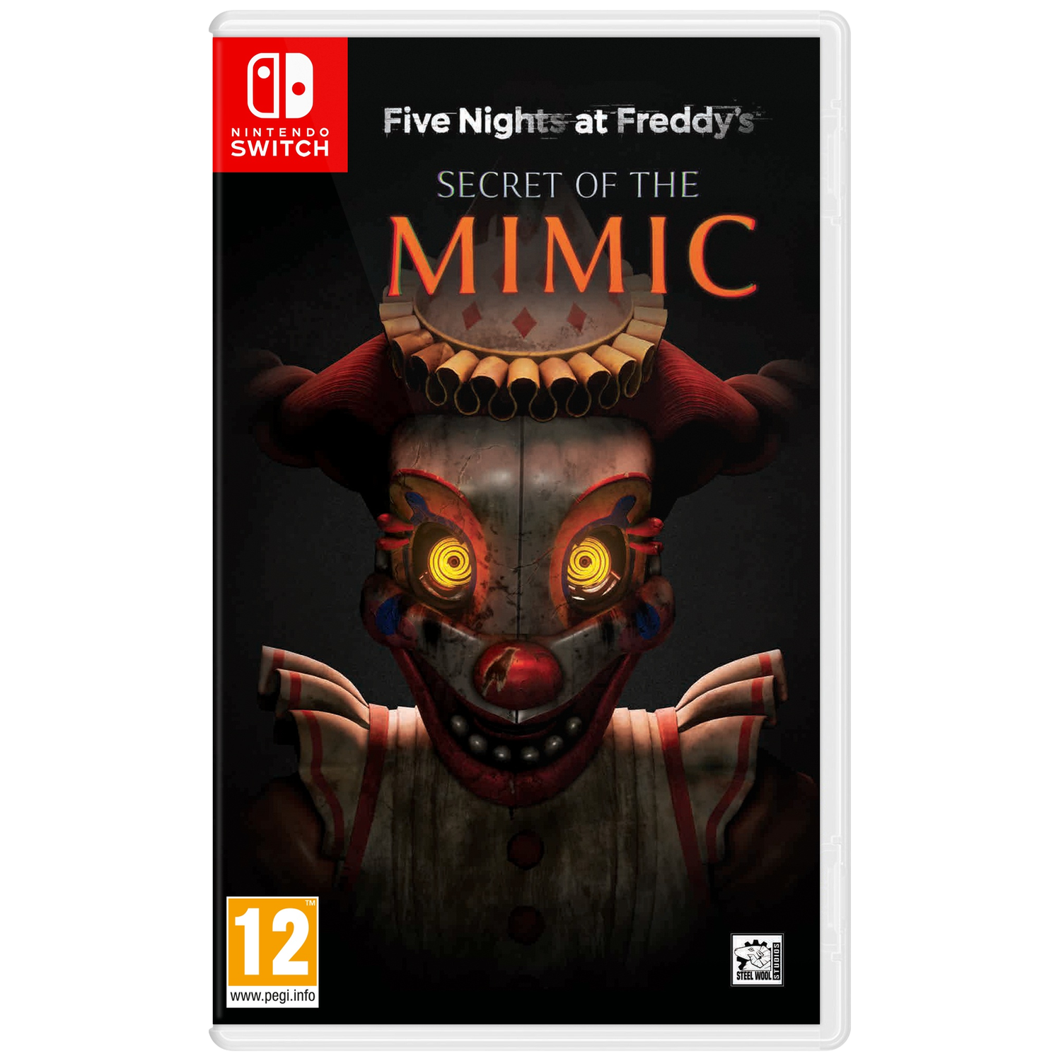 Nintendo Switch spel "Five Nights at Freddy's: Secret of the Mimic" met enge clown.
