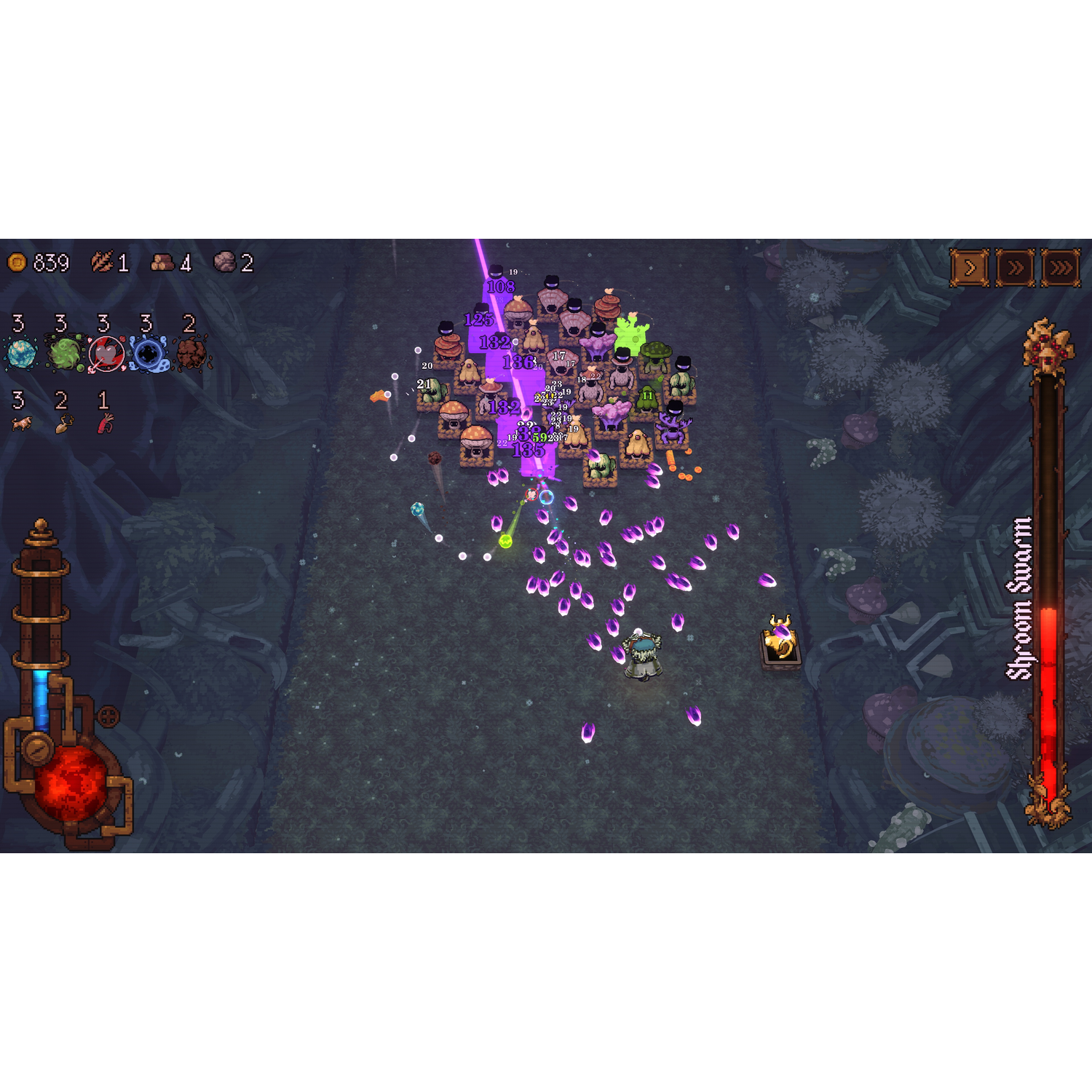 Pixel art game scene met veel kleine wezens en paarse energie.