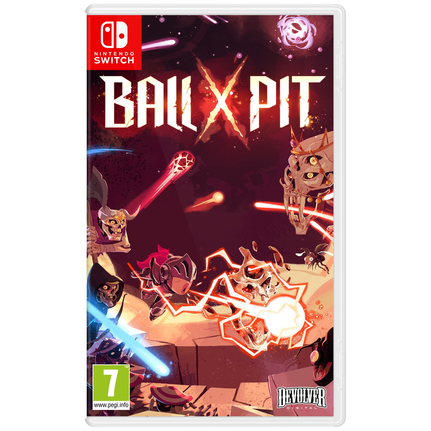 Nintendo Switch game cover: Ball X Pit met skeletkrijgers en een kleine vechter.