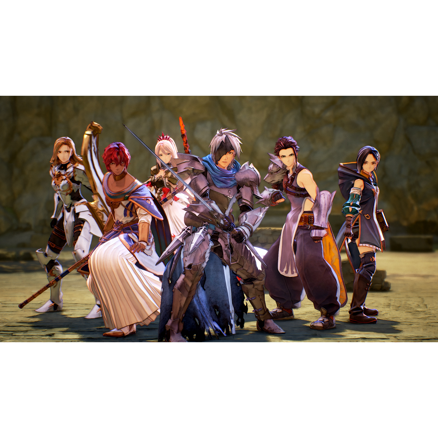 Seven fantasy characters in armor and robes stand in a rocky, stone setting.