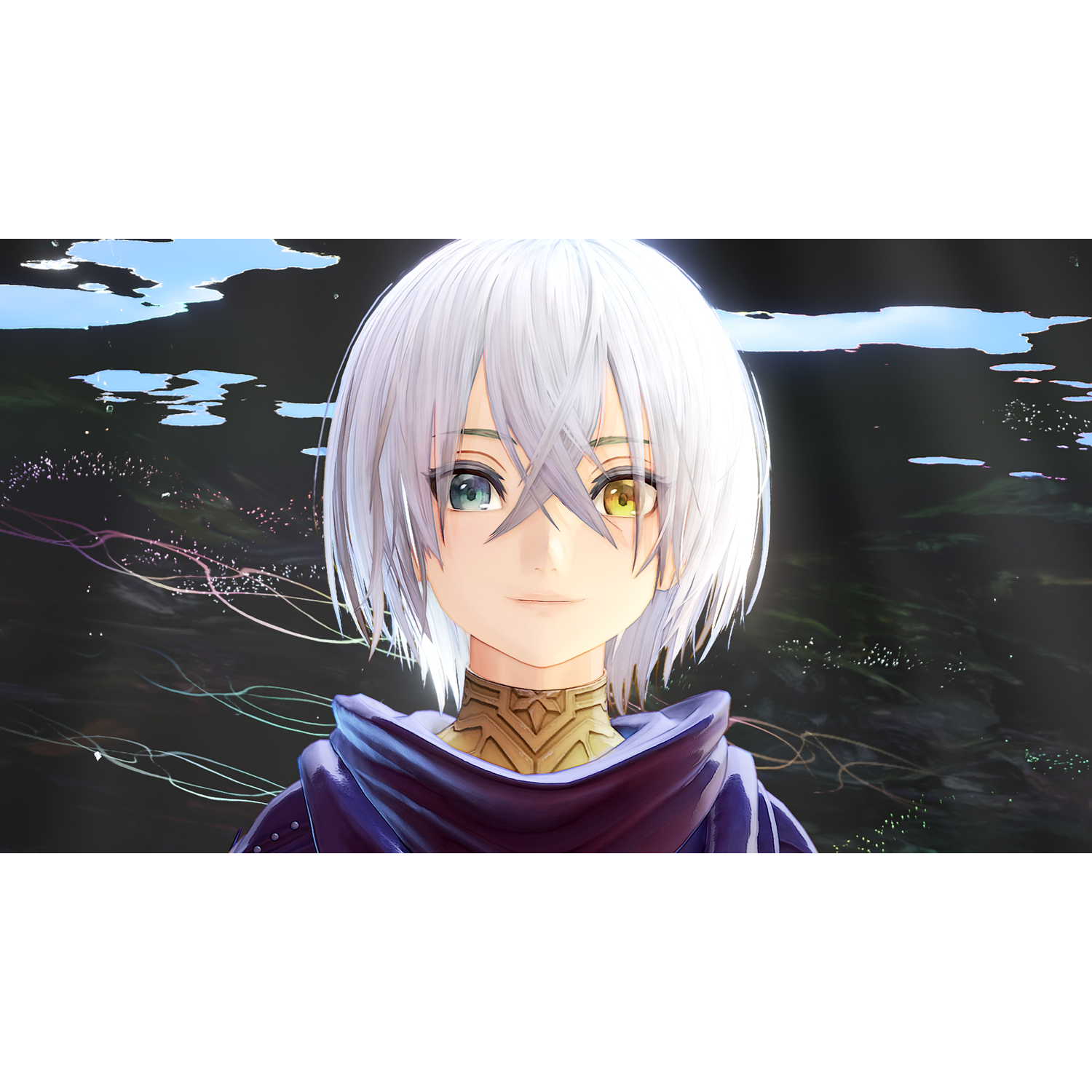 Anime character with white hair and heterochromatic eyes wears a purple cloak.