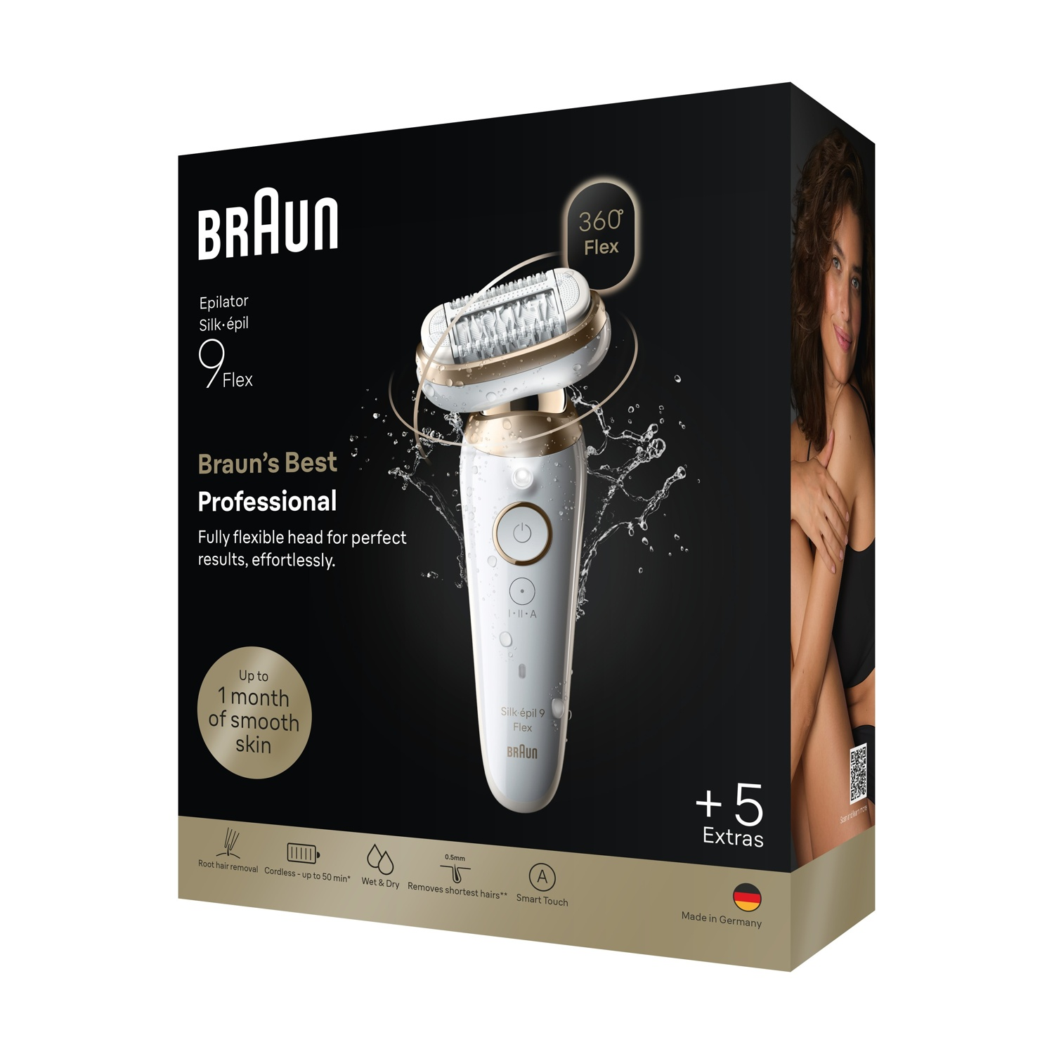 Epilatore Braun Silk-épil 9 Flex con testina flessibile e donna sulla confezione.