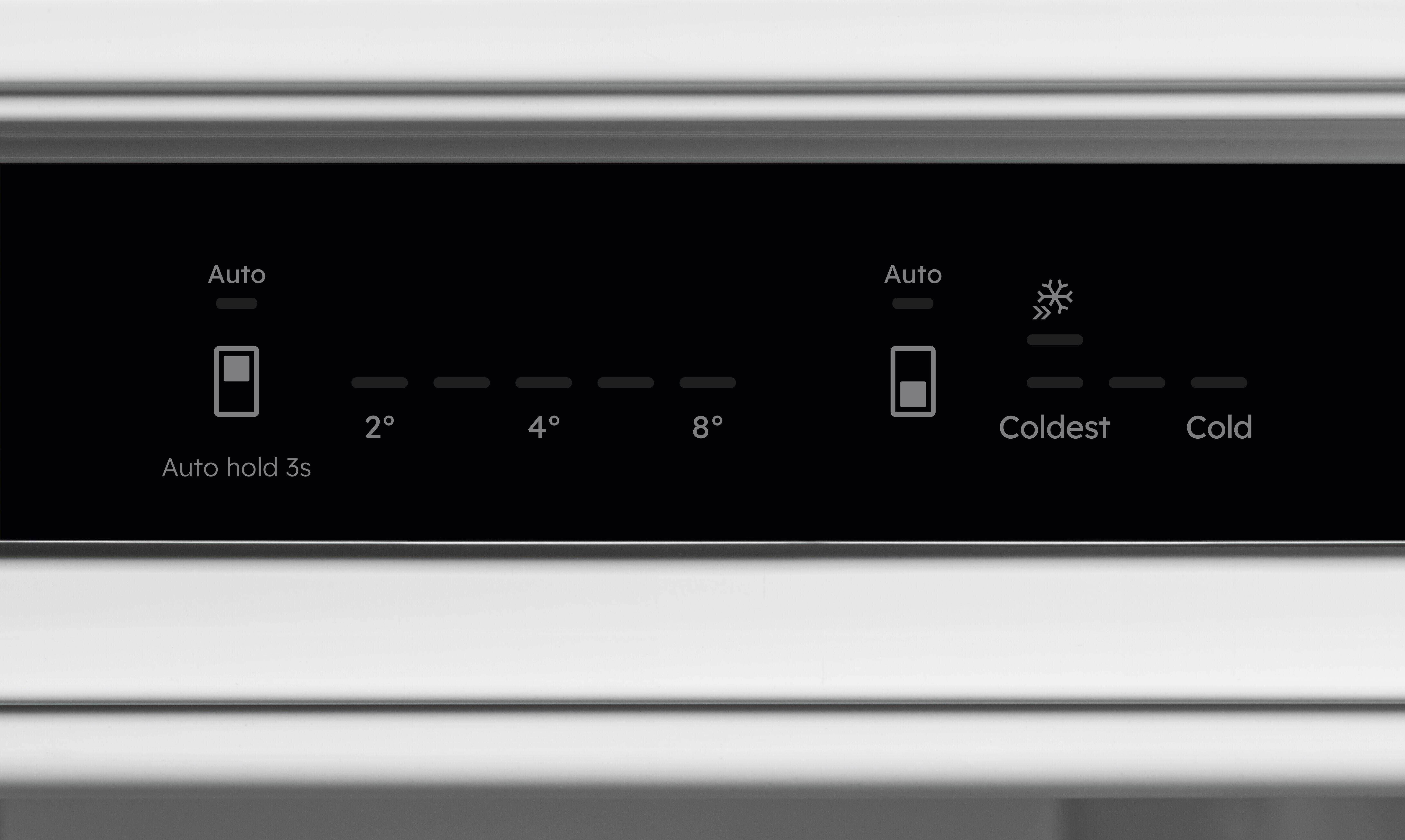 Digitalanzeige mit Temperaturen 2°, 4°, 8° und Einstellungen für Kalt, Kälteste und Auto.
