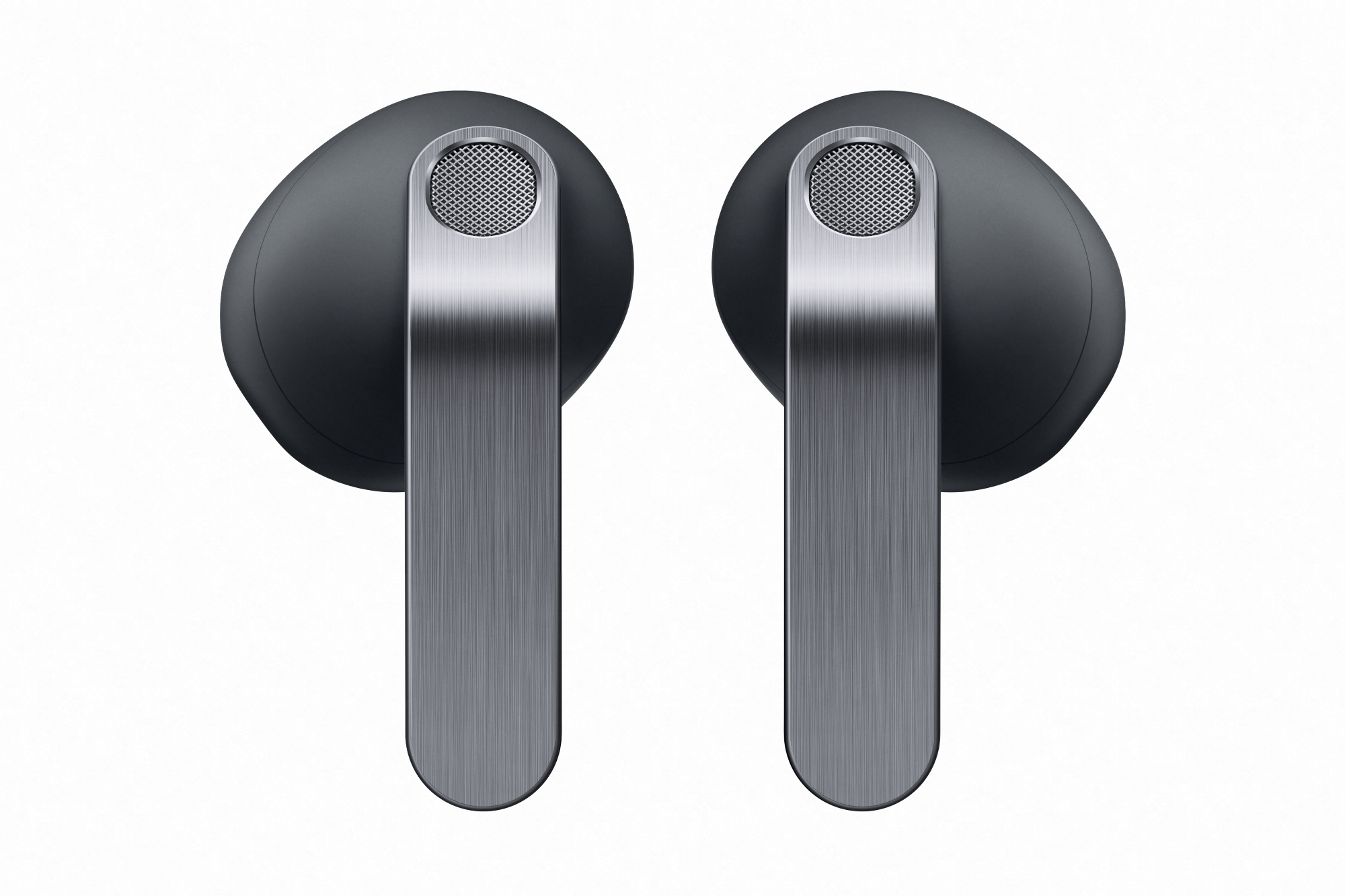 Dwa ciemne słuchawki ze srebrnymi trzonkami, obok siebie na białym tle.