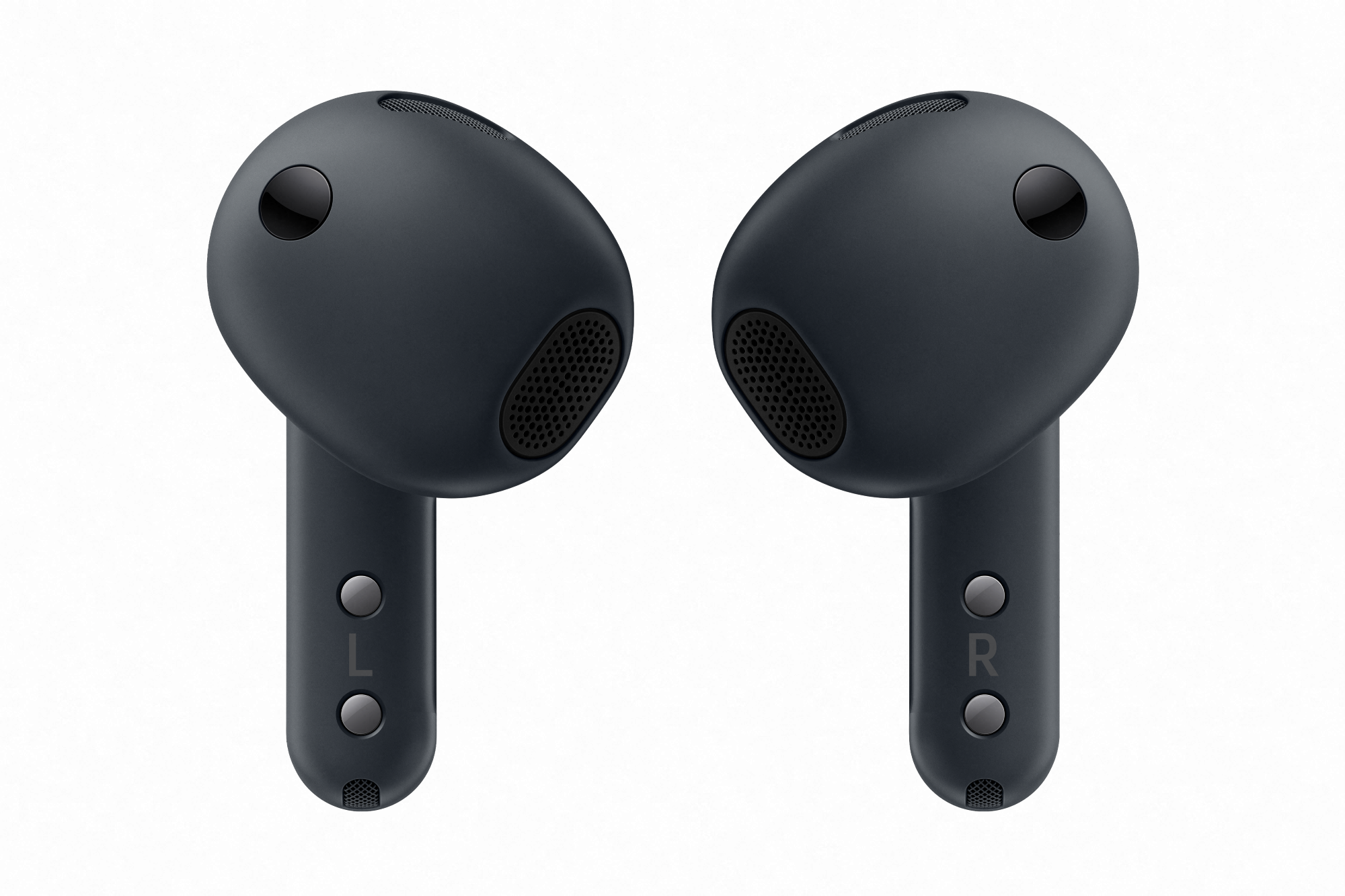 Dwa ciemnoszare słuchawki bezprzewodowe, oznaczone L i R.