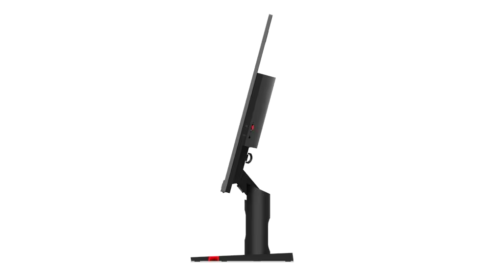 Monitor de ordenador negro de lado con acento rojo en su soporte.