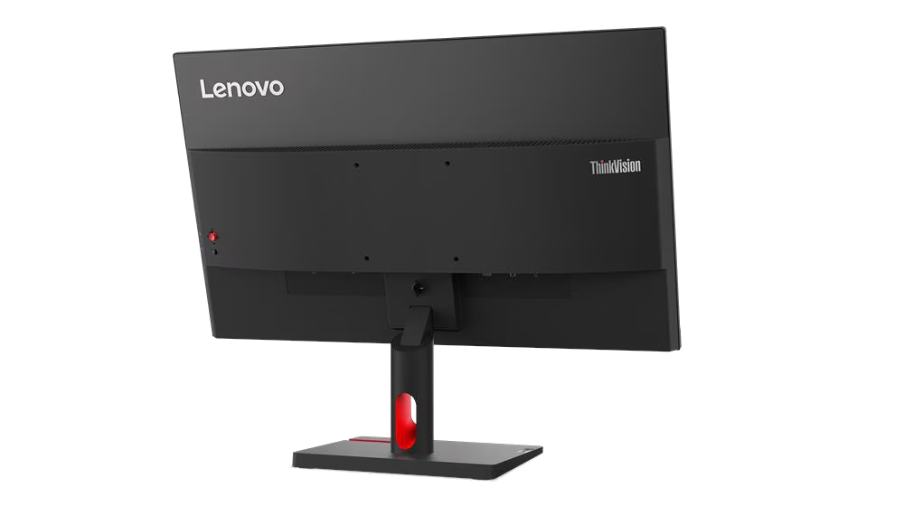 Parte trasera de un monitor Lenovo ThinkVision negro sobre un soporte con acento rojo.